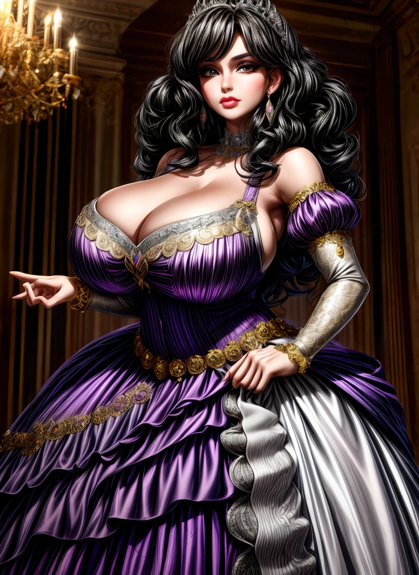 Irish woman, milf, mature, curly hair,black hair, high cheekbones, glossy lipstick, pouting, pouting lips, white pale skin, tall, curvaceous, small waist, big hips, hip dips, large breasts, big breasts, sagging breasts, looking at viewer, Best quality, 8k, Masterpiece, realistic, photorealistic, (gigantic breasts:1.2),wearing beautiful embroidery and jeweled ruffled gorgeous princess ballgown with voluminous full length hoop skirt,
princess in a beautiful embroidery and jeweled rococo princess ballgown with voluminous full length hoop skirt,super detailed gorgeous princess ballgown with voluminous full length hoop skirt,jeweled Gorgeous rococo princess ballgown with long train,jeweled Gorgeous rococo princess ballgown with long train,gorgeous rococo princess ballgown with beautiful embroidery and jeweled, detailed eyes, brown eyes,