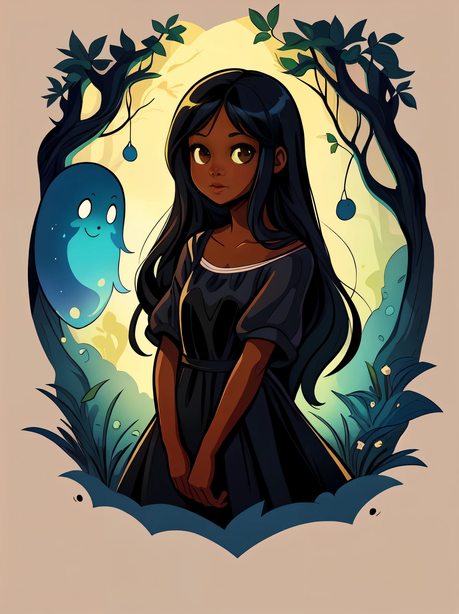 'beautiful illustration sweet little girl with dark skin and long black hair and a cute semi-transparent ghost in the style of a children's book, graphic novel concept art, raw style 