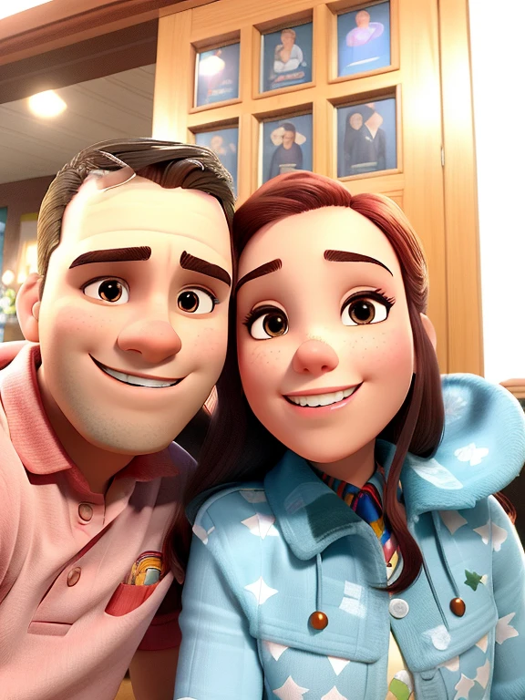 Casal (homem moreno e mulher branca) no estilo Disney Pixar, alta qualidade, melhor qualidade.