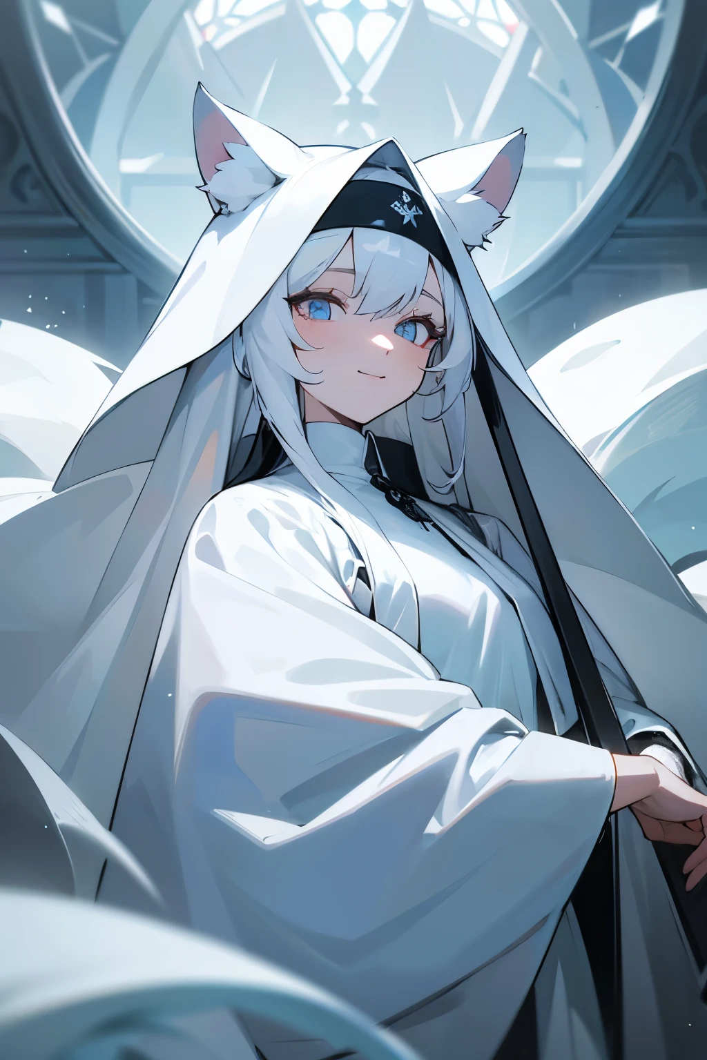 master masterpiece, 4k, highly detailed, 1girl, cat ears, white hair, long hair, white hair, white fur, ((ice white theme)), ice white eyes, bright neon white eyes, nun, medieval nun, white robe, happy, Clear focus, hard lighting,vivd colour.