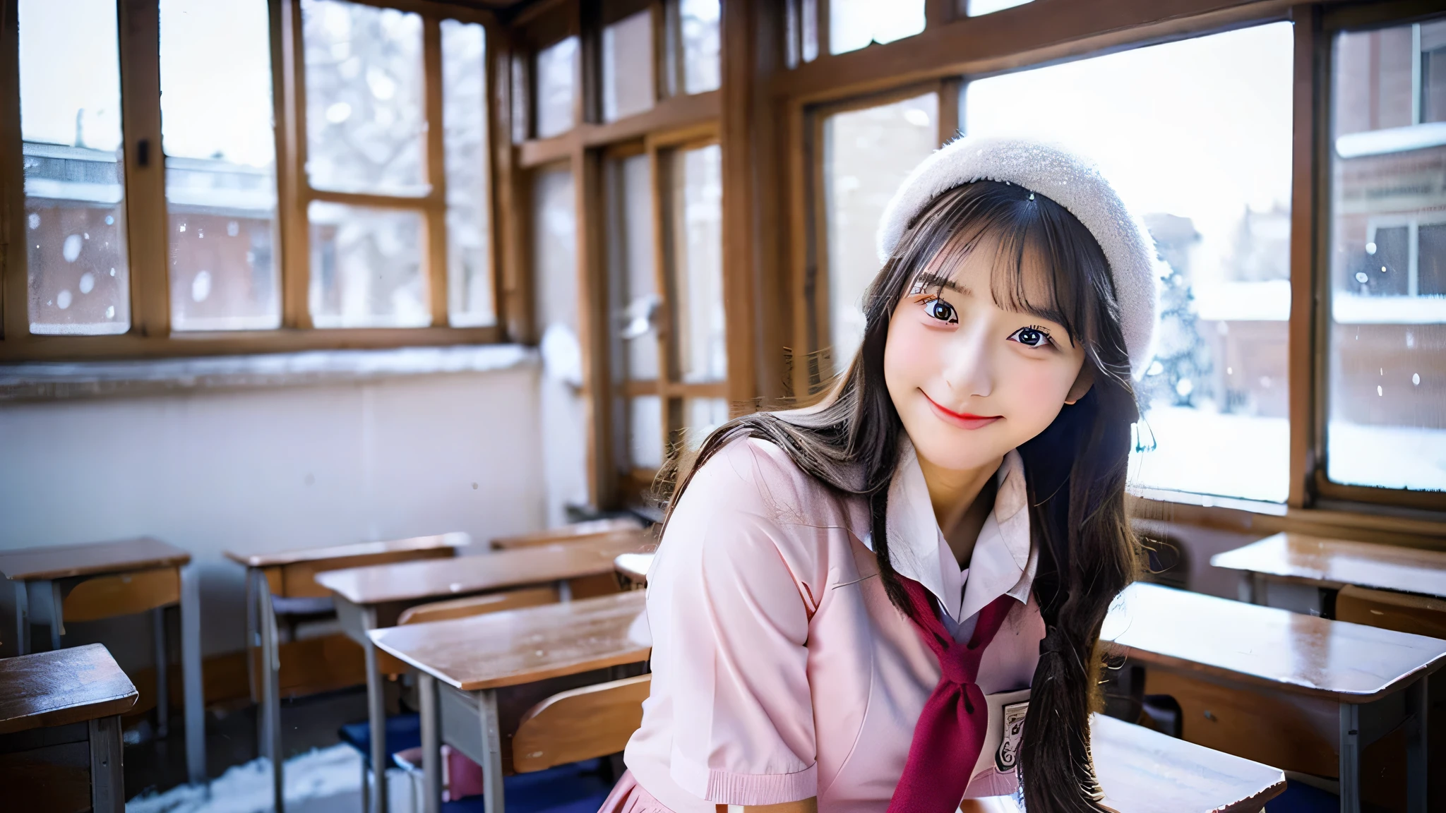 cute high school girl, 18-year-old, Wearing a light pink miniskirt uniform.、The background is inside the classroom、I can see snow outside the window