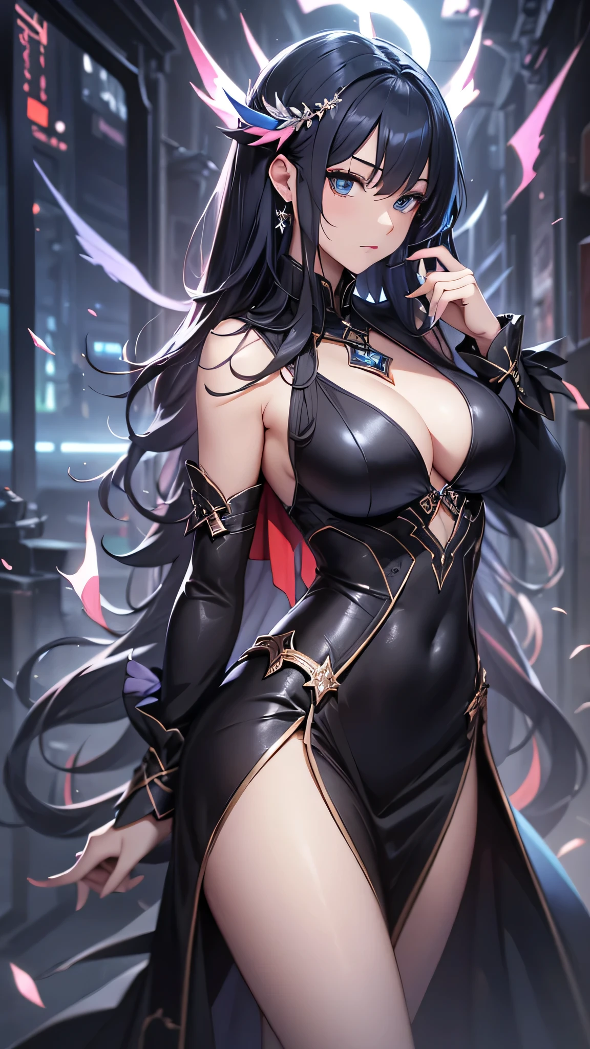 最high quality、best image quality、masterpiece、age girl((18-year-old、 By becoming、vest bust、medium bust,wide open breast tea、black eye, colorful hair、long hair、thin,highest valley、toned chest、black dress、black long skirt、run)),high quality、beautiful art、background((party venue、red carpet、black limousine、camera flash)),debris flies、Depth of written boundary、movie、visual art、perfect art、8K,genuine