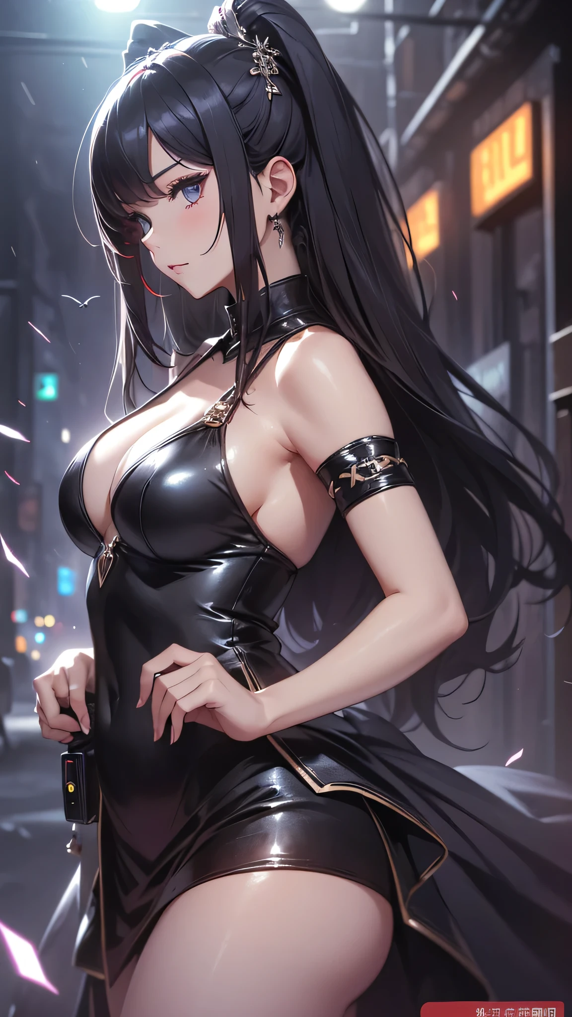 最high quality、best image quality、masterpiece、age girl((18-year-old、 By becoming、vest bust、medium bust,wide open breast tea、black eye, colorful hair、long hair、thin,highest valley、toned chest、black dress、black long skirt、run)),high quality、beautiful art、background((party venue、red carpet、black limousine、camera flash)),debris flies、Depth of written boundary、movie、visual art、perfect art、8K,genuine
