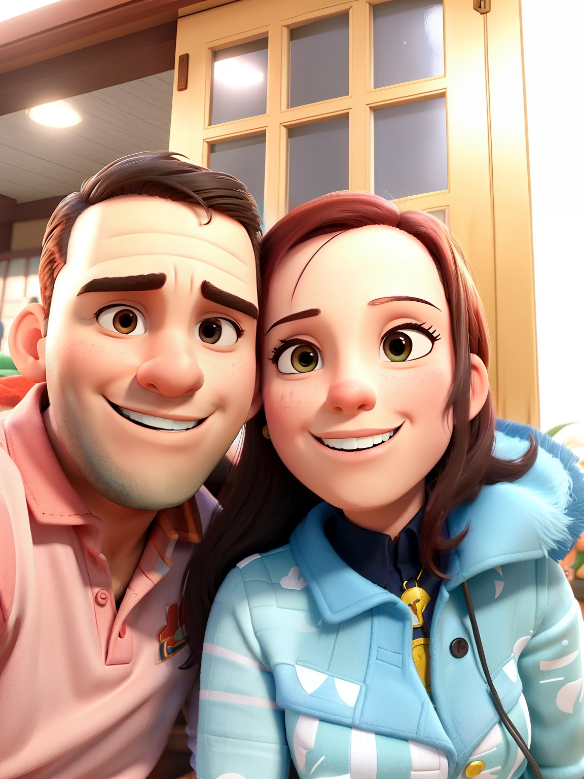 Casal (homem moreno e mulher branca) no estilo Disney Pixar, alta qualidade, melhor qualidade.
