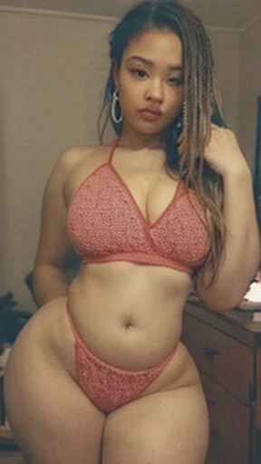 Analog image, neutral density,Highly detailed image ,thick voluptuous Dominican woman, viewed from front,with micro dreadlocks, highly detailed skin,skin imperfections, skin pores visible,wearing a tight panties and sports bra ,in a dim lit room , highly detailed clothing