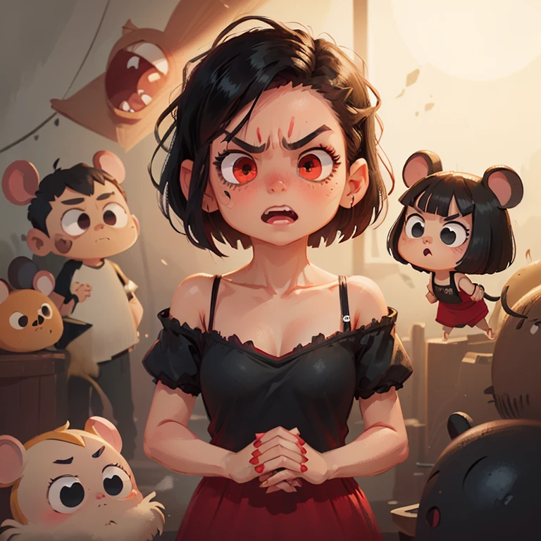 Little, mouse, cute, vampire, action pose, woman, Darker background, scary atmosphere, evil look, angry face,  Big Badejo, whole body, masterpiece, 3D rendering, highest quality, lots of details, (plain background), vinyl toy figurine, (perfect hands), (5 fingers on each hand),(short bob cut:1.3),(beautiful Eye:1.3),(hoodedeyes:1.3), (wearing red&black off shoulder casual dress:1.3),(black camisole:1.4),(hair off forehead bangs:1.3),(short eyebrows),(short hair:1.3),(beautiful detailed black hair:1.3),