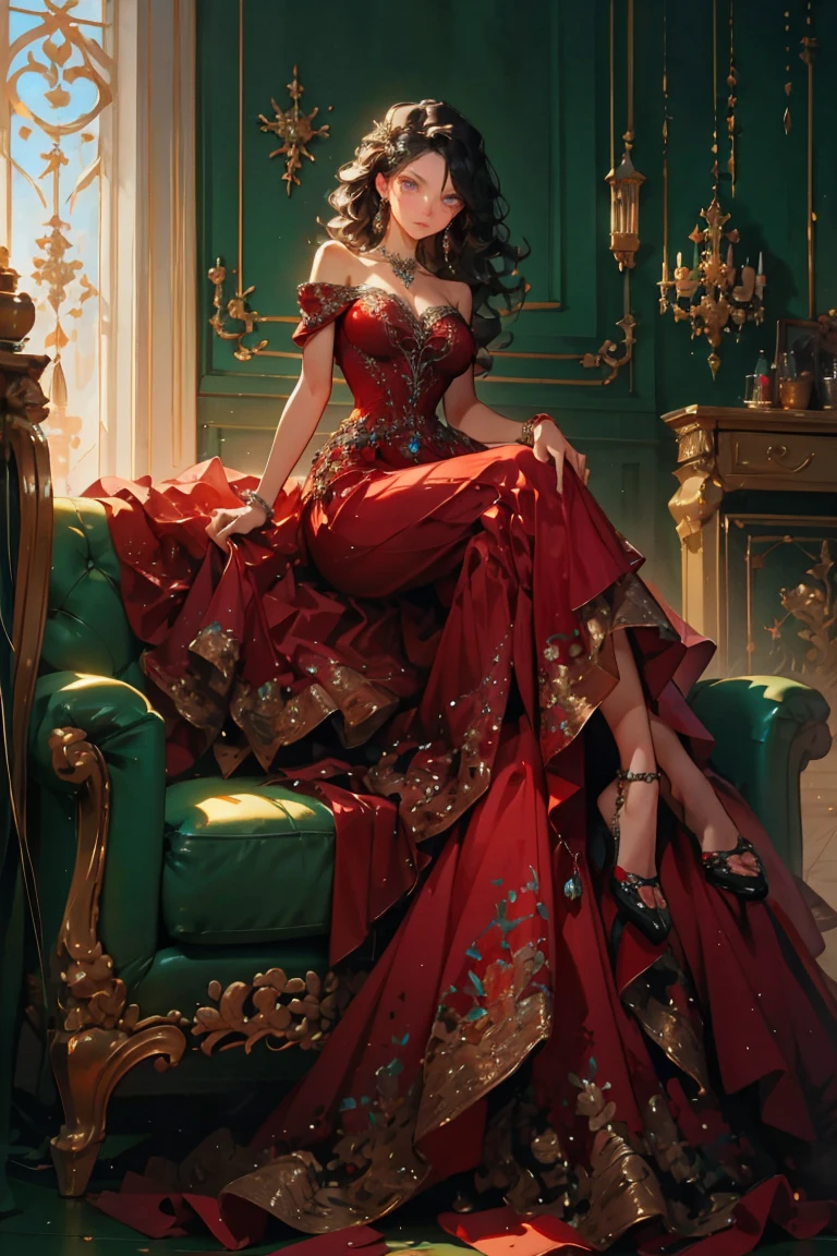 masterpiece, glowing,1 woman,  wrenchelegadome, hair ornament, jewelry, red dress, sitting, detailed face, sexy, black hair, large breast, cleavage, seductive