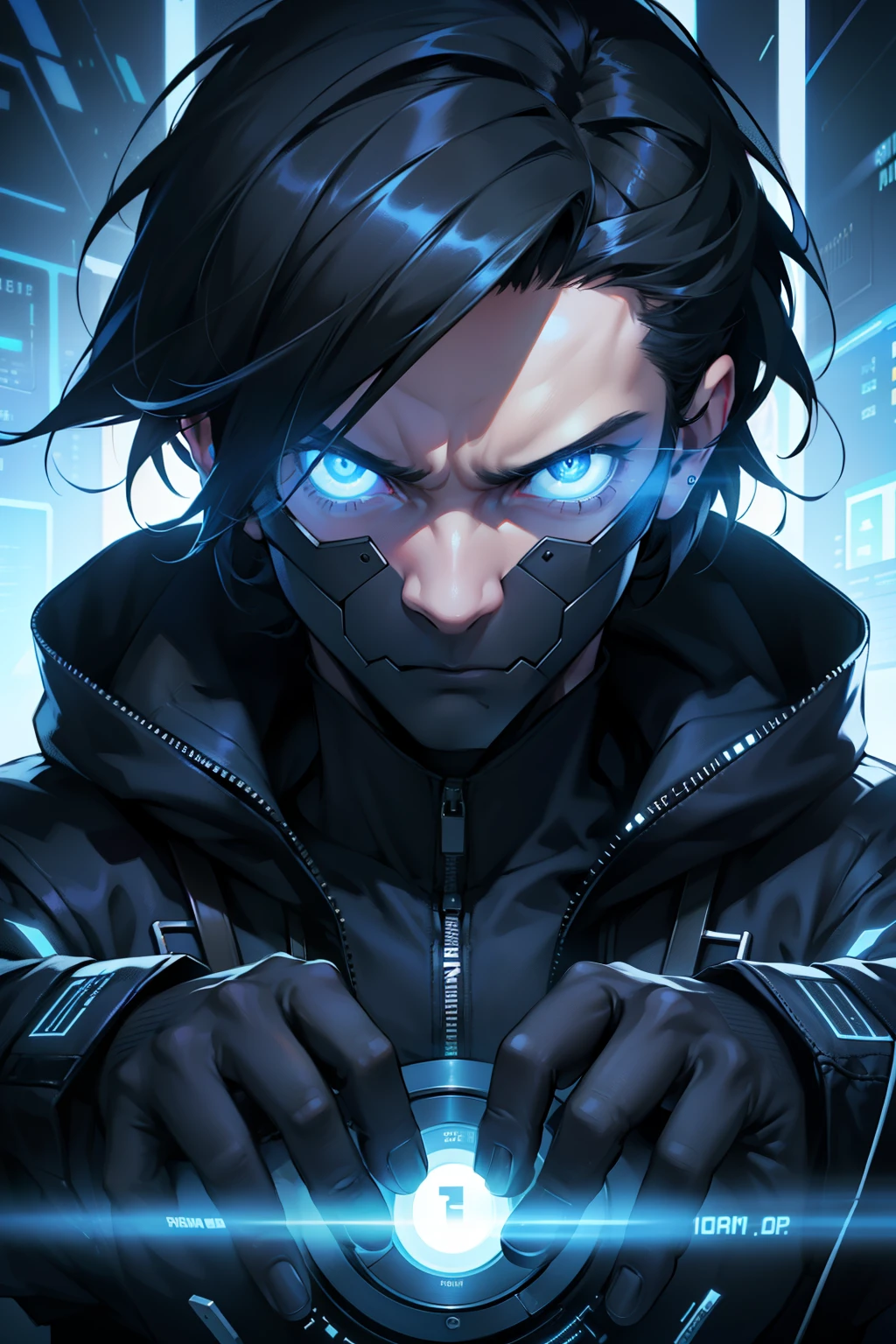 Malware como persona, imagen realista. A portrait of a human being with characteristics of malware, con su cuerpo compuesto por cables y circuitos. His face has a menacing expression and his cold gaze penetrates the screen.. He wears a black jacket with metallic details and his hair is made of strands of binary code.. This image is presented in optimal quality, with a resolution of 4k and 8K, to appreciate every detail of this technological masterpiece.
