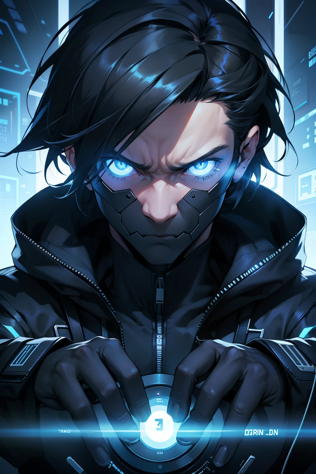 Malware como persona, imagen realista. A portrait of a human being with characteristics of malware, con su cuerpo compuesto por cables y circuitos. His face has a menacing expression and his cold gaze penetrates the screen.. He wears a black jacket with metallic details and his hair is made of strands of binary code.. This image is presented in optimal quality, with a resolution of 4k and 8K, to appreciate every detail of this technological masterpiece.