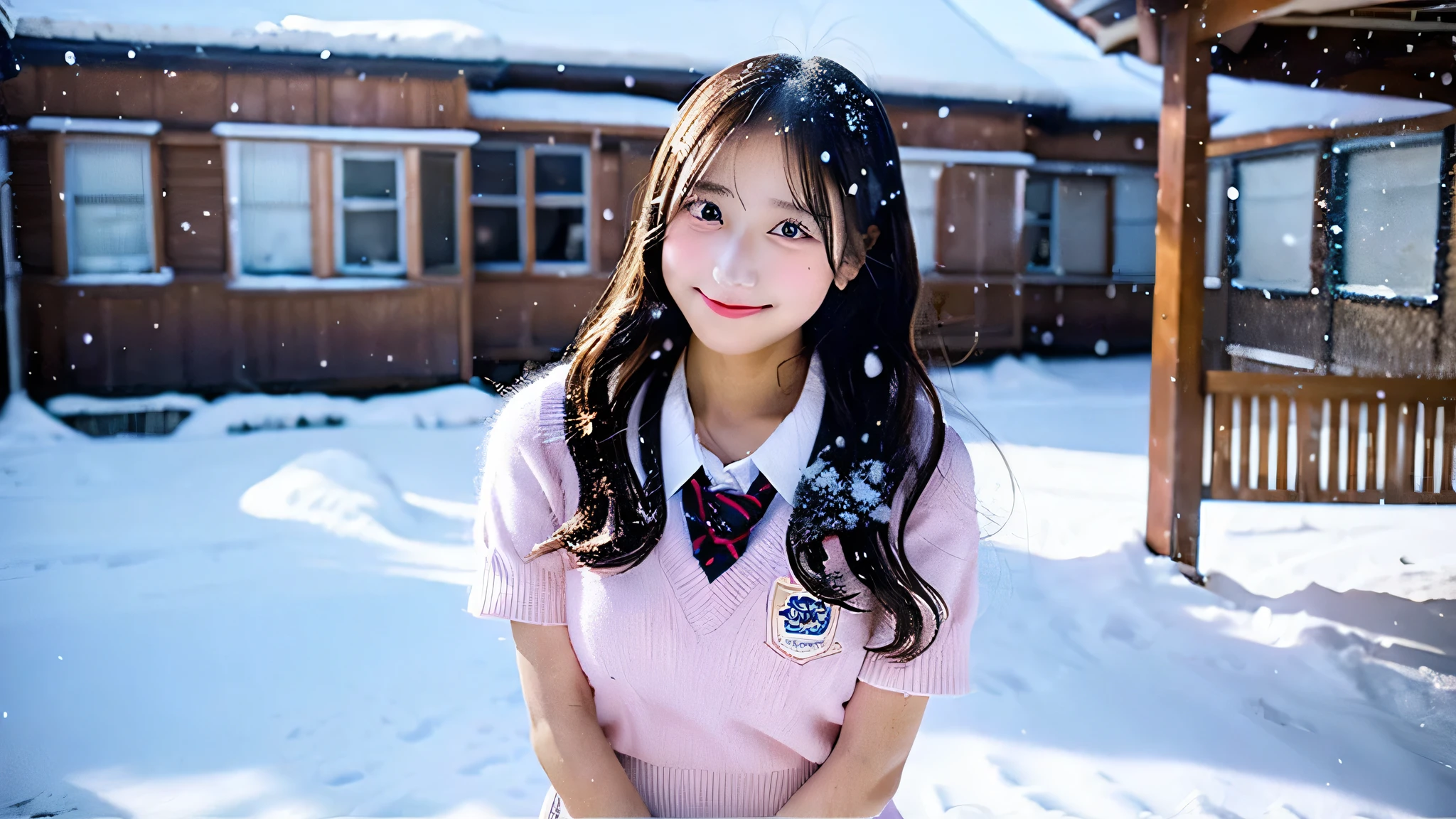 cute high school girl, 18-year-old, Wearing a pink miniskirt uniform,winter