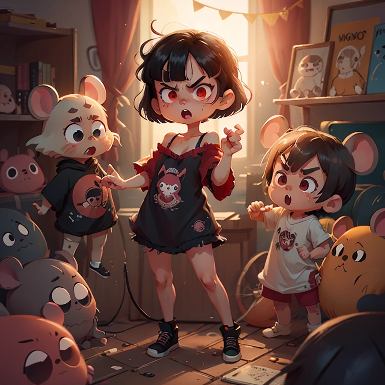 chibi, mouse, cute, vampire, action pose, female, darker background, scary ambience, evil look, angry face,  bigbadejo, full body, masterpiece, 3D Rendering, Best Quality, Lots of Detail, (plain background), vinyl toy figurine, (perfect hands), (5 fingers on each hand),(short bob cut),(beautiful Eye),(hoodedeyes), (wearing red&black off shoulder casual dress),(black camisole),(hair off forehead bangs),(short eyebrows),(short hair),(beautiful detailed black hair),