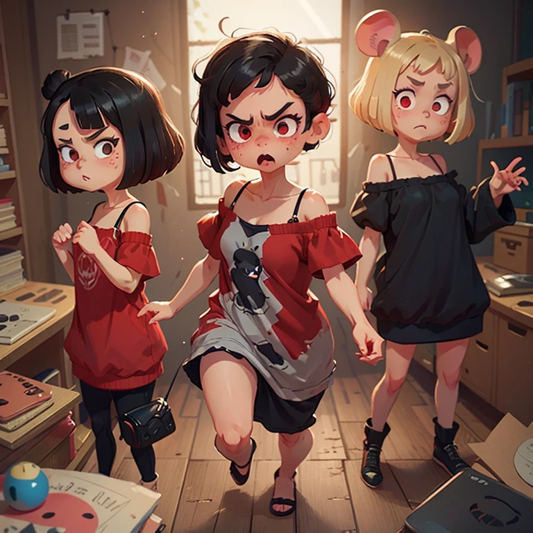 chibi, mouse, cute, vampire, action pose, female, darker background, scary ambience, evil look, angry face, bigbadejo, full body, masterpiece, 3D Rendering, Best Quality, Lots of Detail, (plain background), vinyl toy figurine, (perfect hands), (5 fingers on each hand),(short bob cut),(beautiful Eye),(hoodedeyes), (wearing red&black off shoulder casual dress),(black camisole),(hair off forehead bangs),(short eyebrows),(short hair),(beautiful detailed black hair),