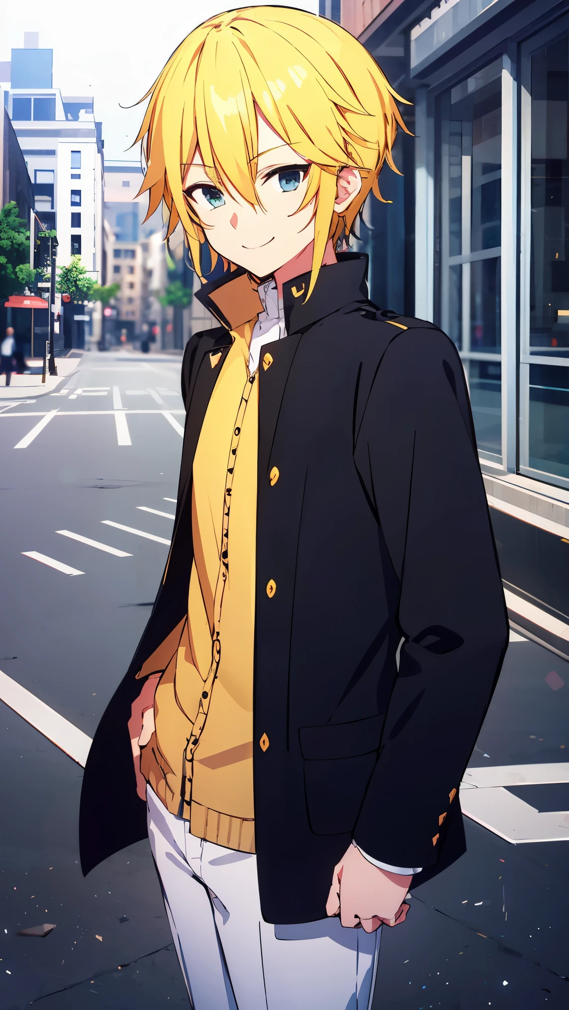 (((pixel-perfect, detail-perfect))), 1boy, solo, looking at viewer, hachisuka_mikhail, blonde hair, smile, standing, in the city