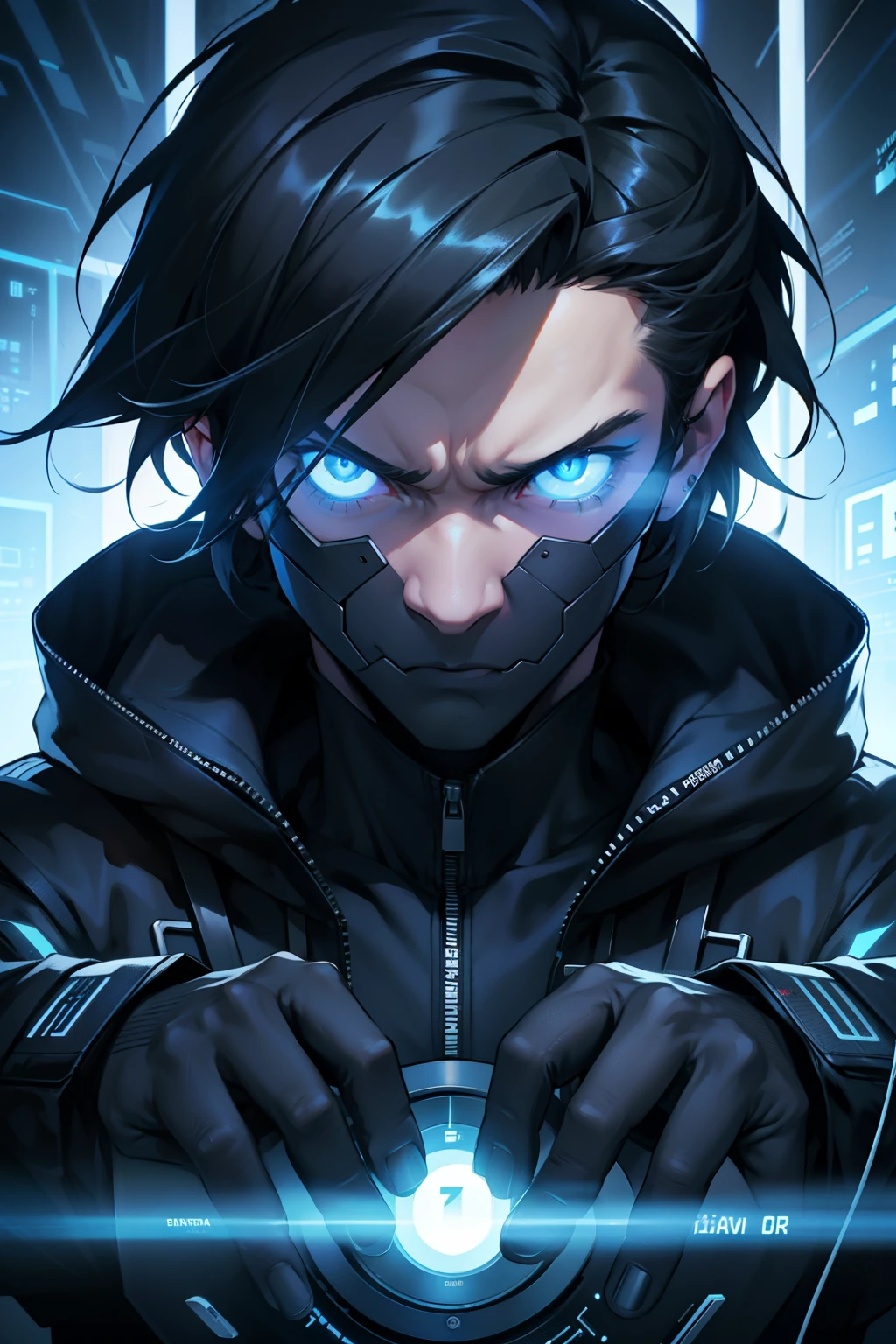 Malware como persona, imagen realista. A portrait of a human being with characteristics of malware, con su cuerpo compuesto por cables y circuitos. His face has a menacing expression and his cold gaze penetrates the screen.. He wears a black jacket with metallic details and his hair is made of strands of binary code.. This image is presented in optimal quality, with a resolution of 4k and 8K, to appreciate every detail of this technological masterpiece.