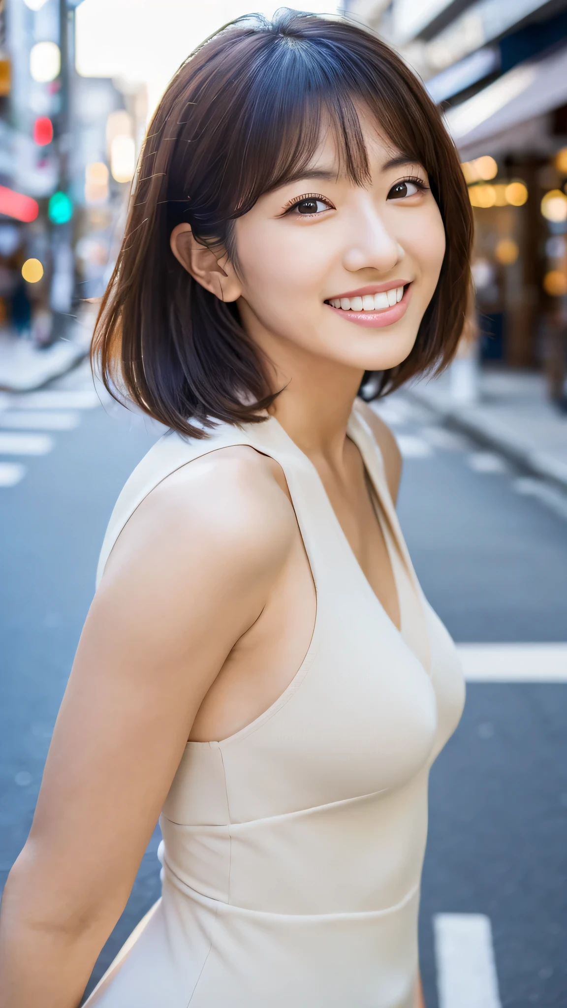 japanese mature, (Solo), 50 years old, (Wrinkles at the corners of the eyes:1.4), Large breasts, A MILF, glamor, A sexy, Chromo-white skin, Looking at Viewer、Super large udder、(Fancy makeup:1.4)、Golden Sleeveless Knit Tight Fit Knit Dresuchimuchi、high-heels、ssmile、In the city today、Prostitutes、long legged、is standing、from the rear、I'm opening my mouth、I can see the sky