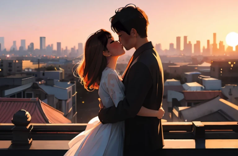A man and a woman are kissing, city의 일몰,Romantic environment,fascinating moment,dramatic lighting,city,Passionate hugs,love floating in the air,city의 로맨스,vivid colors,building silhouette,Romantic environment, city의 스카이라인,couple in love,a friendly gesture,beautiful sunset colors,romantic setting,물에 반사되는 city의 불빛,Moving scenes,Intimate Connections,lovers under the sky,breathing,romantic silhouette of a couple, warm afternoon light,whispering sweet words,city al atardecer,moment of happiness,romantic vacation,A moment of sincere love,city 세레나데,city에 나타난 사랑의 반영,Romantic environment,city의 매력적인 전망,city의 사랑과 열정, The sunset light illuminates their faces,city의 번잡함을 뛰어넘는 사랑,city의 혼란 속에서 고요한 순간,city의 활기 넘치는 에너지 속 영원한 사랑,Hugging under the painted sky,An unforgettable sunset kiss. (best quality,4K,8 thousand,high resolution,masterpiece:1.2),very detailed,(realist,fotorrealist,fotorrealist:1.37),hdr,UHD,studio lighting,ultra-thin paint,sharp focus,Physically Based Rendering,Extremely Detailed Rendering,professional,vivid colors,bokeh,portrait,city