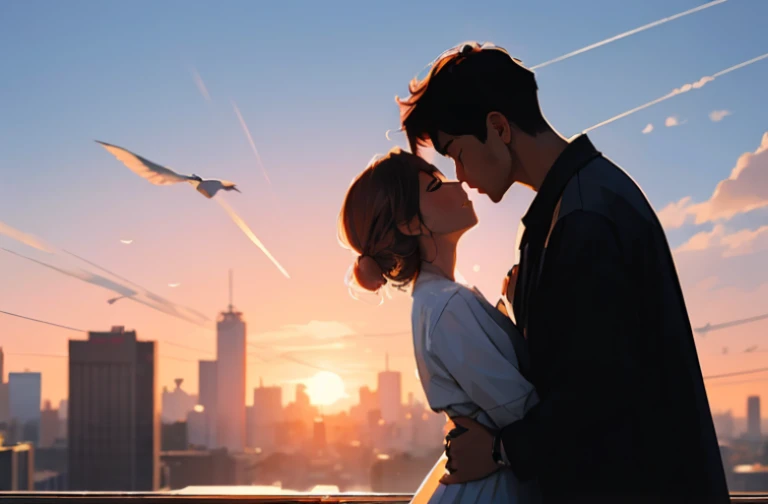 A man and a woman are kissing, city의 일몰,Romantic environment,fascinating moment,dramatic lighting,city,Passionate hugs,love floating in the air,city의 로맨스,vivid colors,building silhouette,Romantic environment, city의 스카이라인,couple in love,a friendly gesture,beautiful sunset colors,romantic setting,물에 반사되는 city의 불빛,Moving scenes,Intimate Connections,lovers under the sky,breathing,romantic silhouette of a couple, warm afternoon light,whispering sweet words,city al atardecer,moment of happiness,romantic vacation,A moment of sincere love,city 세레나데,city에 나타난 사랑의 반영,Romantic environment,city의 매력적인 전망,city의 사랑과 열정, The sunset light illuminates their faces,city의 번잡함을 뛰어넘는 사랑,city의 혼란 속에서 고요한 순간,city의 활기 넘치는 에너지 속 영원한 사랑,Hugging under the painted sky,An unforgettable sunset kiss. (best quality,4K,8 thousand,high resolution,masterpiece:1.2),very detailed,(realist,fotorrealist,fotorrealist:1.37),hdr,UHD,studio lighting,ultra-thin paint,sharp focus,Physically Based Rendering,Extremely Detailed Rendering,professional,vivid colors,bokeh,portrait,city
