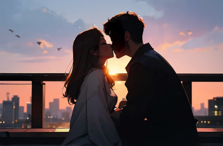 A man and a woman are kissing, city의 일몰,Romantic environment,fascinating moment,dramatic lighting,city,Passionate hugs,love floating in the air,city의 로맨스,vivid colors,building silhouette,Romantic environment, city의 스카이라인,couple in love,a friendly gesture,beautiful sunset colors,romantic setting,물에 반사되는 city의 불빛,Moving scenes,Intimate Connections,lovers under the sky,breathing,romantic silhouette of a couple, warm afternoon light,whispering sweet words,city al atardecer,moment of happiness,romantic vacation,A moment of sincere love,city 세레나데,city에 나타난 사랑의 반영,Romantic environment,city의 매력적인 전망,city의 사랑과 열정, The sunset light illuminates their faces,city의 번잡함을 뛰어넘는 사랑,city의 혼란 속에서 고요한 순간,city의 활기 넘치는 에너지 속 영원한 사랑,Hugging under the painted sky,An unforgettable sunset kiss. (best quality,4K,8 thousand,high resolution,masterpiece:1.2),very detailed,(realist,fotorrealist,fotorrealist:1.37),hdr,UHD,studio lighting,ultra-thin paint,sharp focus,Physically Based Rendering,Extremely Detailed Rendering,professional,vivid colors,bokeh,portrait,city