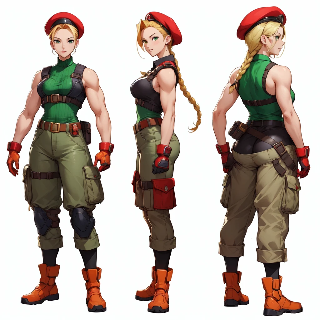 three different poses of a woman in a red hat and green shirt, cammy, video game characters designs, official character art, fighting game character, video game character design, character artwork, video game character art, official concept art, ( ( character concept art ) ), high quality character design, character art the contra, full character concept art, cushart kenz