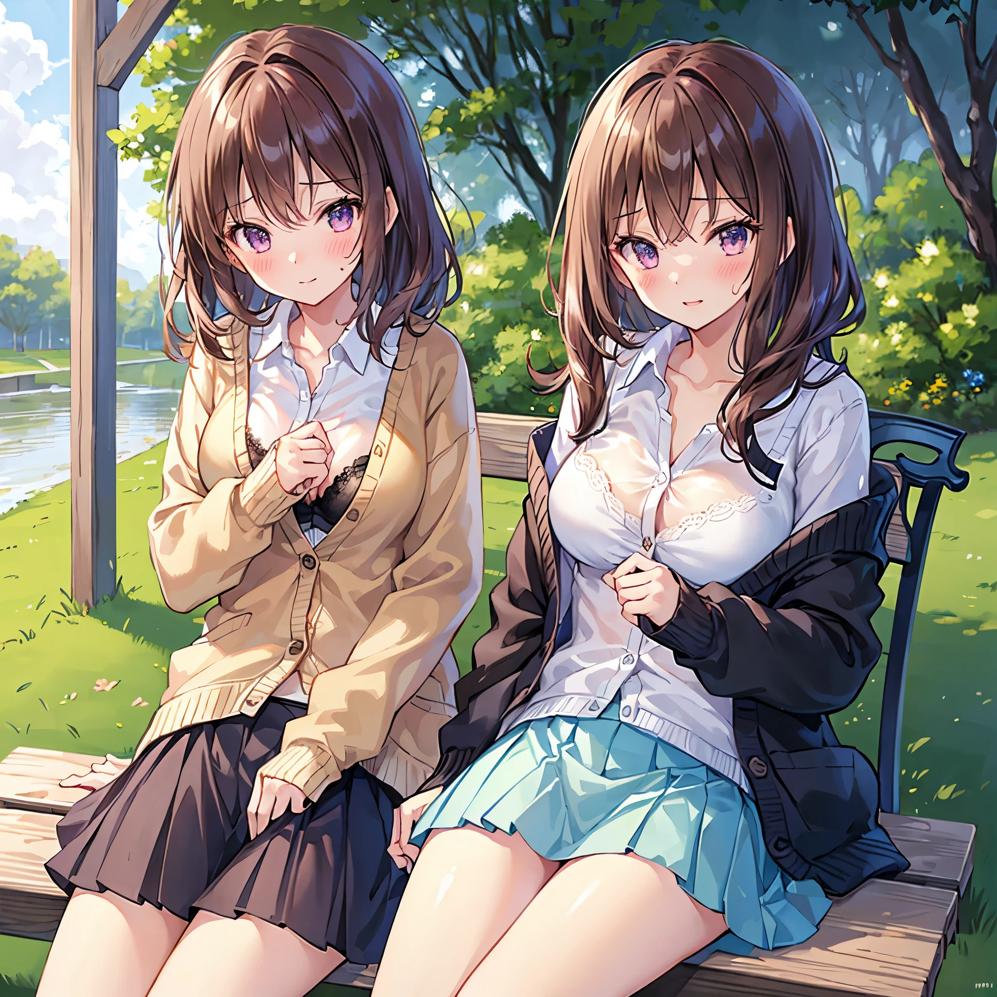 (table top), (highest quality), (super detailed), 1 girl, sexy pose, blush, ((open casual cardigan:1.2)), Happy, looking at the viewer, big hair, brown hair, wood々In a park with,bench, shy ,sitting on the ground, ((alone)) ,anxiety, blush, Naughty,from below,Because I&#39;m slender,(shiny skin, wet skin:0.8), sweating, Rain,~ side, from the front, From above,Long wet here, ((show off panties)), ((show off bra)), ((MNI skirt)),