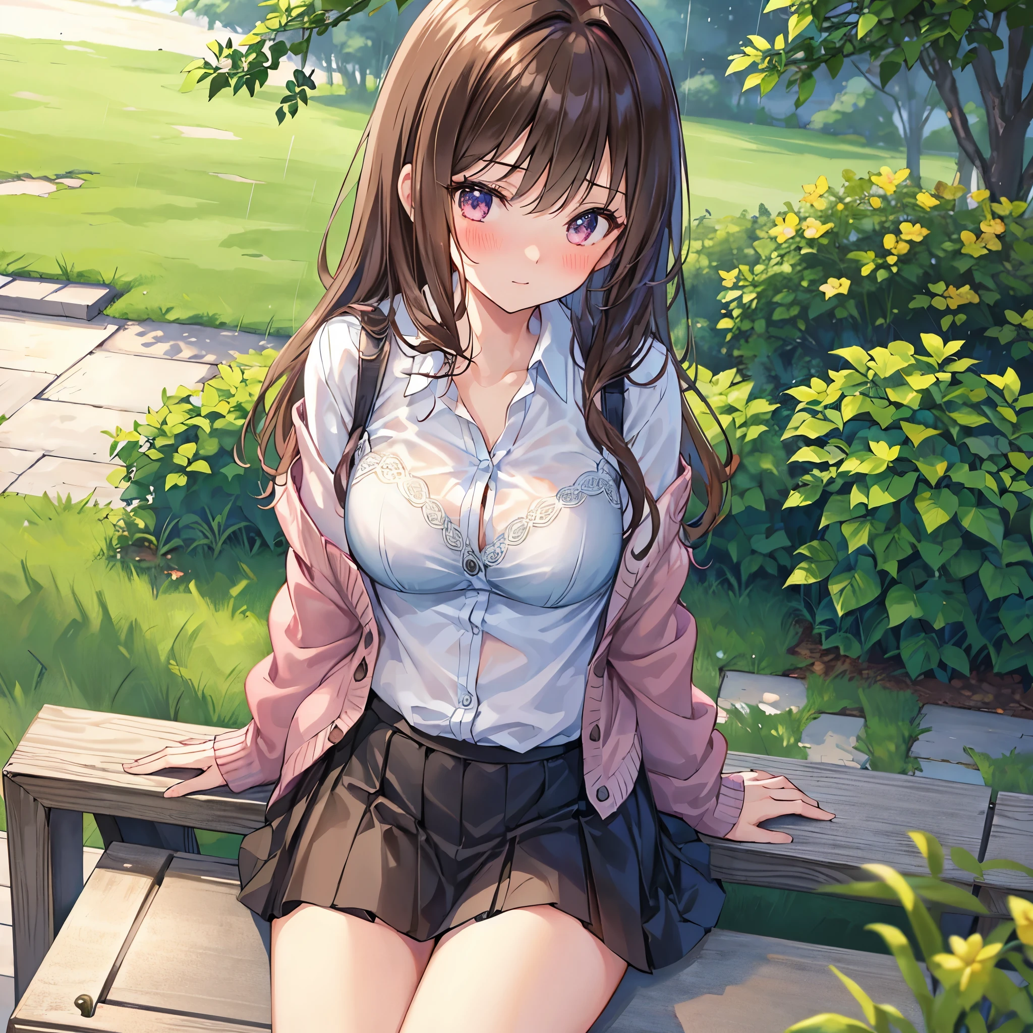 (table top), (highest quality), (super detailed), 1 girl, sexy pose, blush, ((open casual cardigan:1.2)), Happy, looking at the viewer, big hair, brown hair, wood々In a park with,bench, shy ,sitting on the ground, ((alone)) ,anxiety, blush, Naughty,from below,Because I'm slender,(shiny skin, wet skin:0.8), sweating, Rain,~ side, from the front, From above,Long wet here, ((show off panties)), ((show off bra)), ((MNI skirt)),