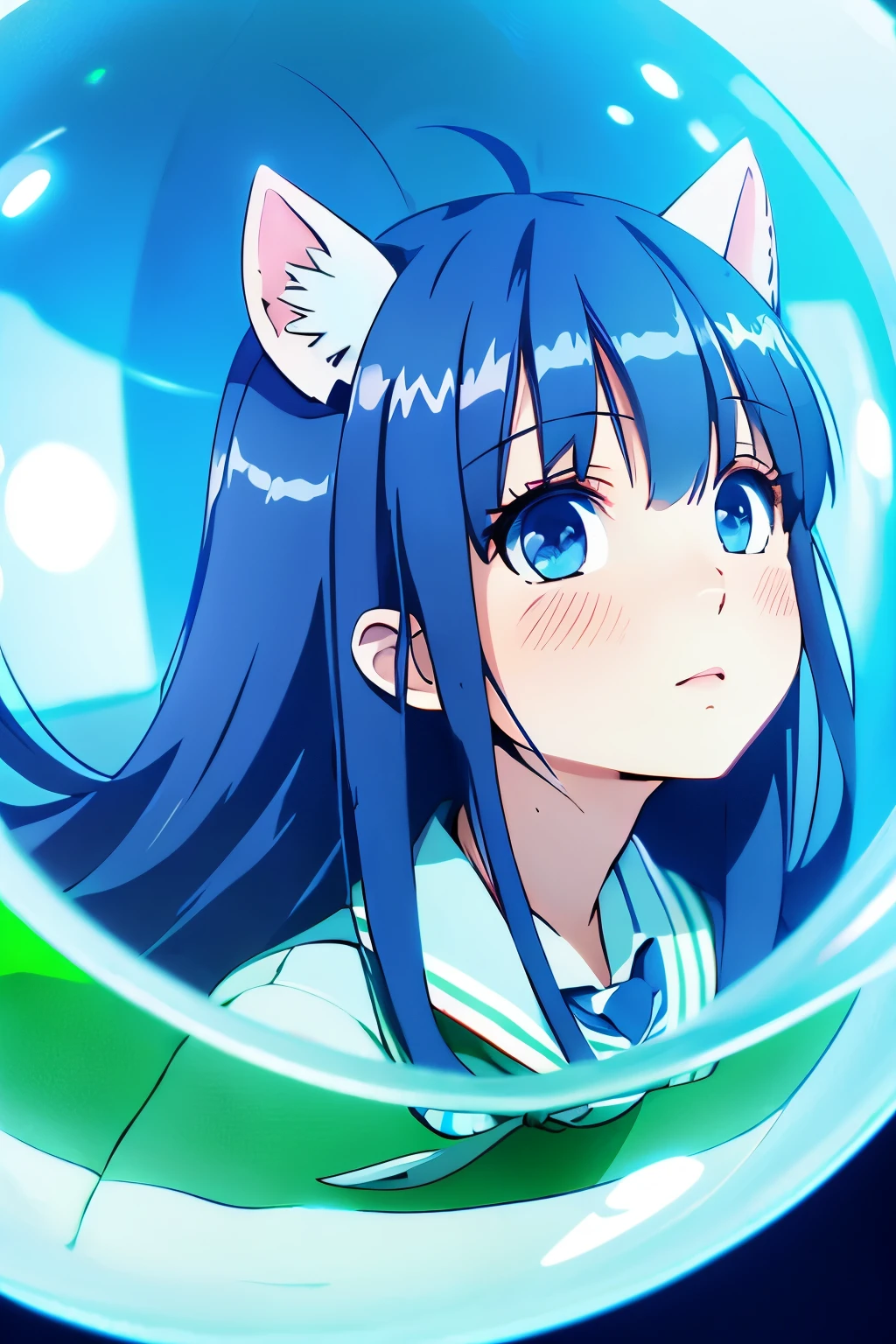 nekomimi,blue cat,long tail,floating in a clear sphere,background white,human-like,big eyes,Plump,anime style,2d,Green neckerchief,beautiful