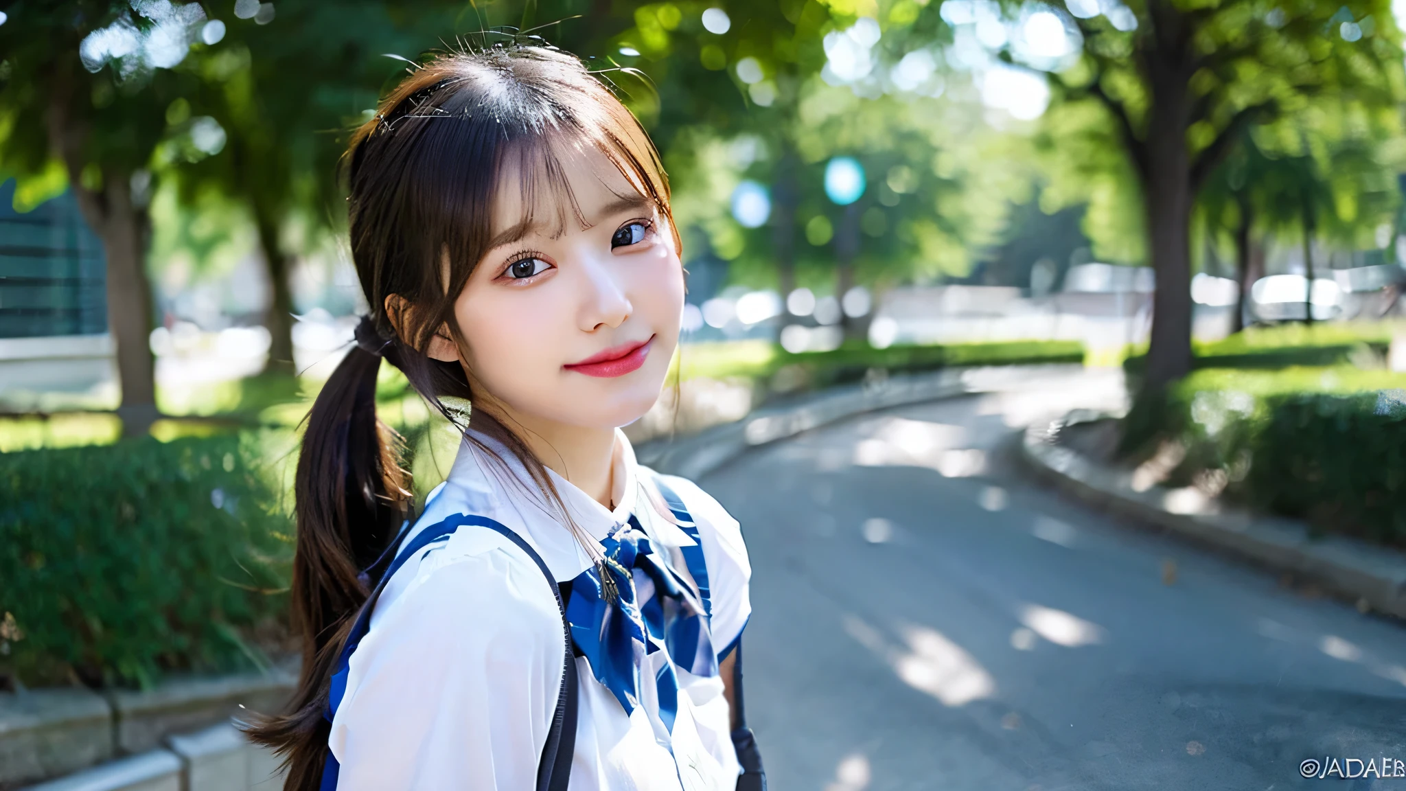18 year old schoolgirl in white shirt and light blue miniskirt（twin tails）