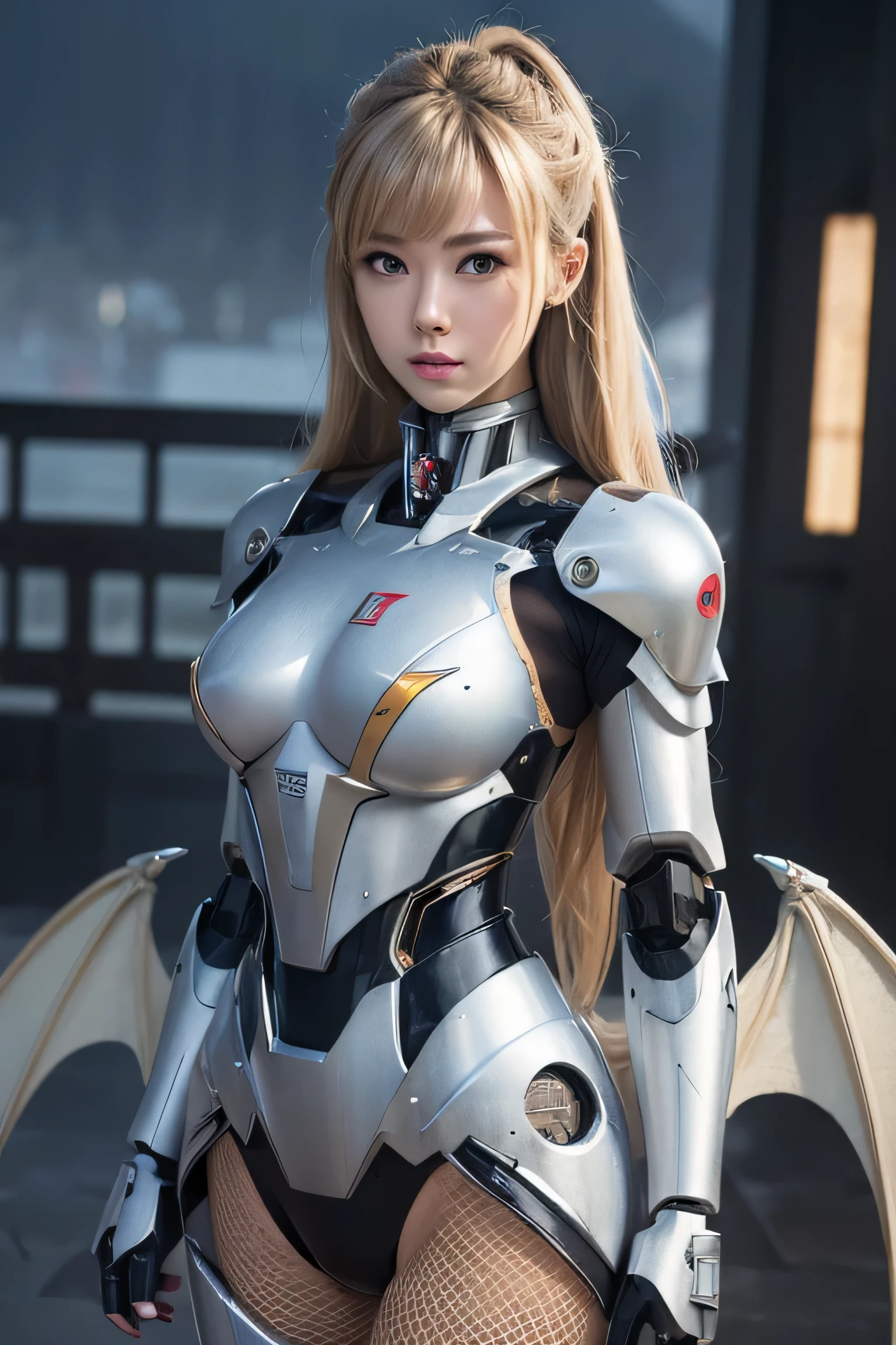 (masterpiece:1.2), Super detailed, ultra high resolution, (realistic, photo realistic:1.37), High-definition RAW color photos, professional photos, highly detailed face, very fine eyes, highly detailed skin, very fine fingers, highly detailed nose, highly detailed mouth, perfect anatomy, highly detailed background, (famous japanese actress:1.2), (Improve:1.35), (flat chest), brown race, black skin, (full_body:0.8), (Mecha clothes:1.4), robot girl, Cool move, Dragon Wings, the dragon is standing behind the girl, Wet day, {lightning effect}, Beautifully detailed silver dragon armor, (cold face), Mecha,