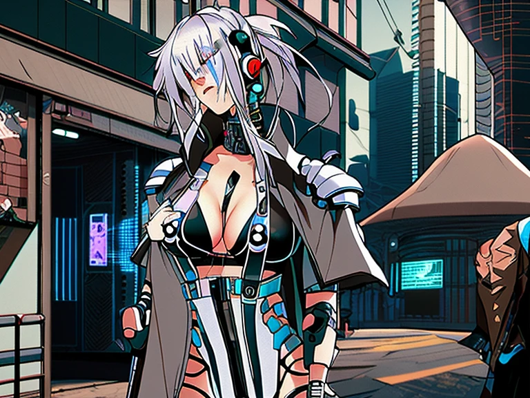 anime - style woman in a bikini and cape walking down a street, retrofuturistic female android, cute cyborg girl, digital cyberpunk anime art, in cyberpunk city, digital cyberpunk - anime art, cyborg - girl with silver hair, beautiful cyborg girl pinup, stylized urban fantasy artwork, futuristic dieselpunk street, cyberpunk 2 0 y. o model girl, female cyberpunk anime girl