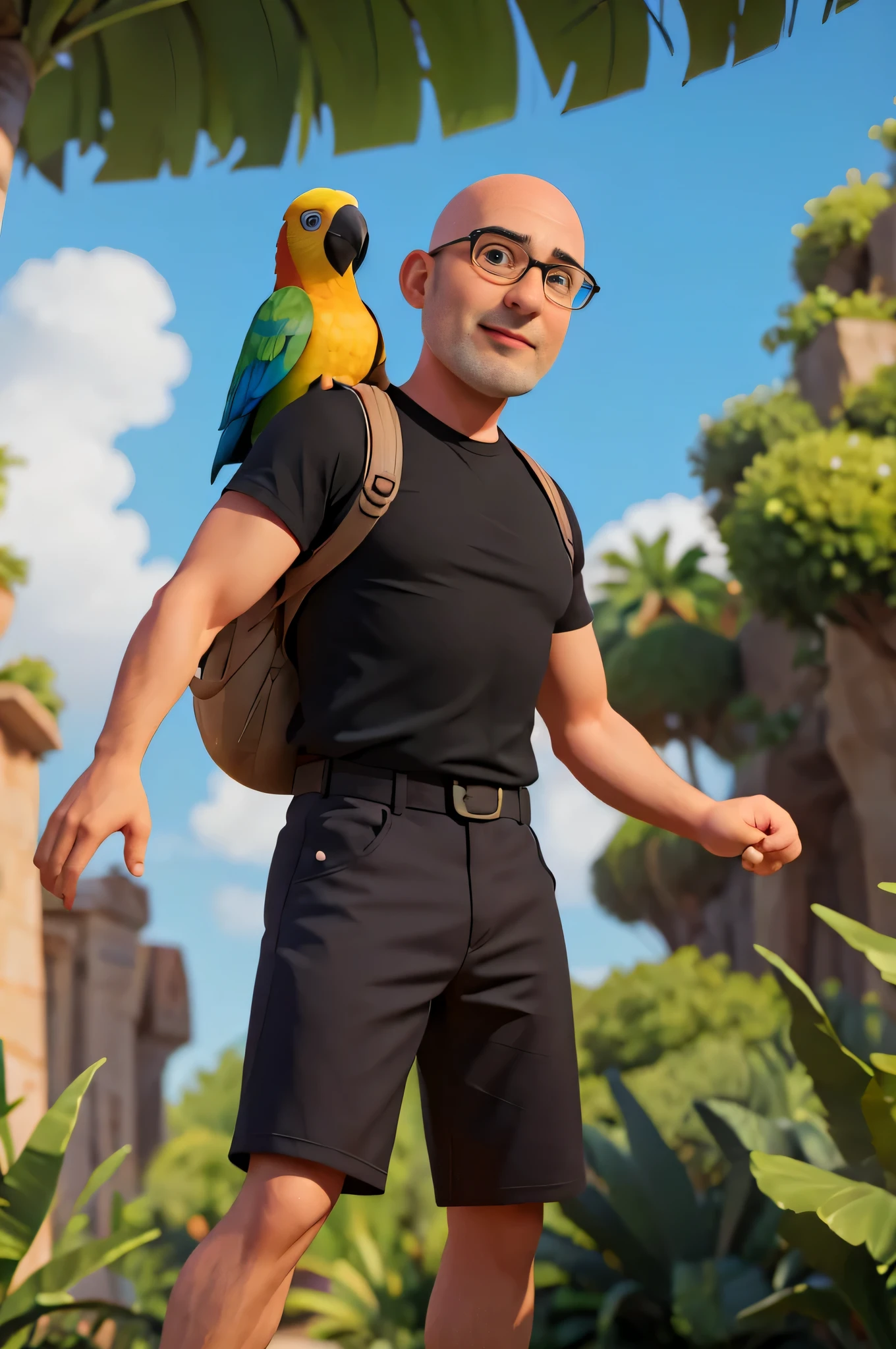 Crie um personagem no estilo Disney Pixar de um homem de 45 anos, sorridente, medium-weight, Careca, homem branco barbudo vestindo estilo, slightly reflective glasses. He is dressed in a black shirt and white shorts and has a dark backpack on his back.. Accompanying him is a large, papagaio colorido empoleirado em uma cerca ao lado dele.