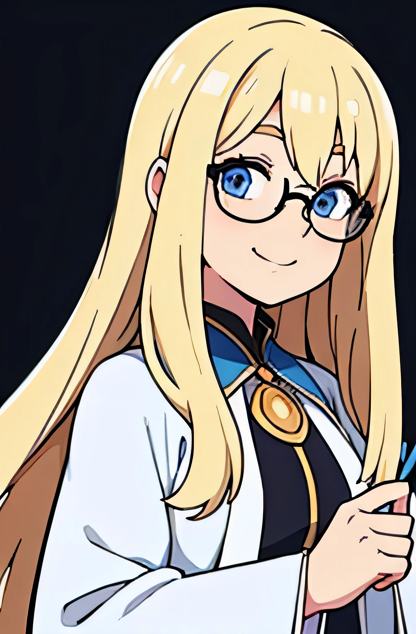 a wizard woman, wearing white robe, blonde hair, blue eyes, cute smile, black ground, cute smile, round glasses