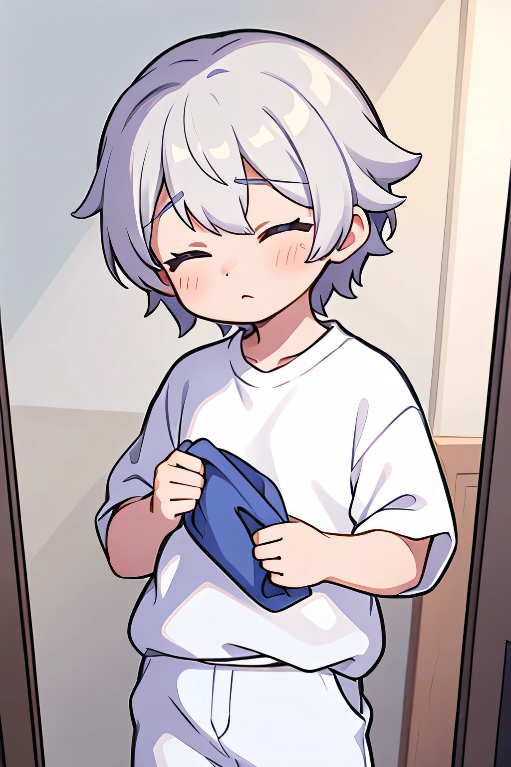 A boy wearing clean white clothes with his eyes closed