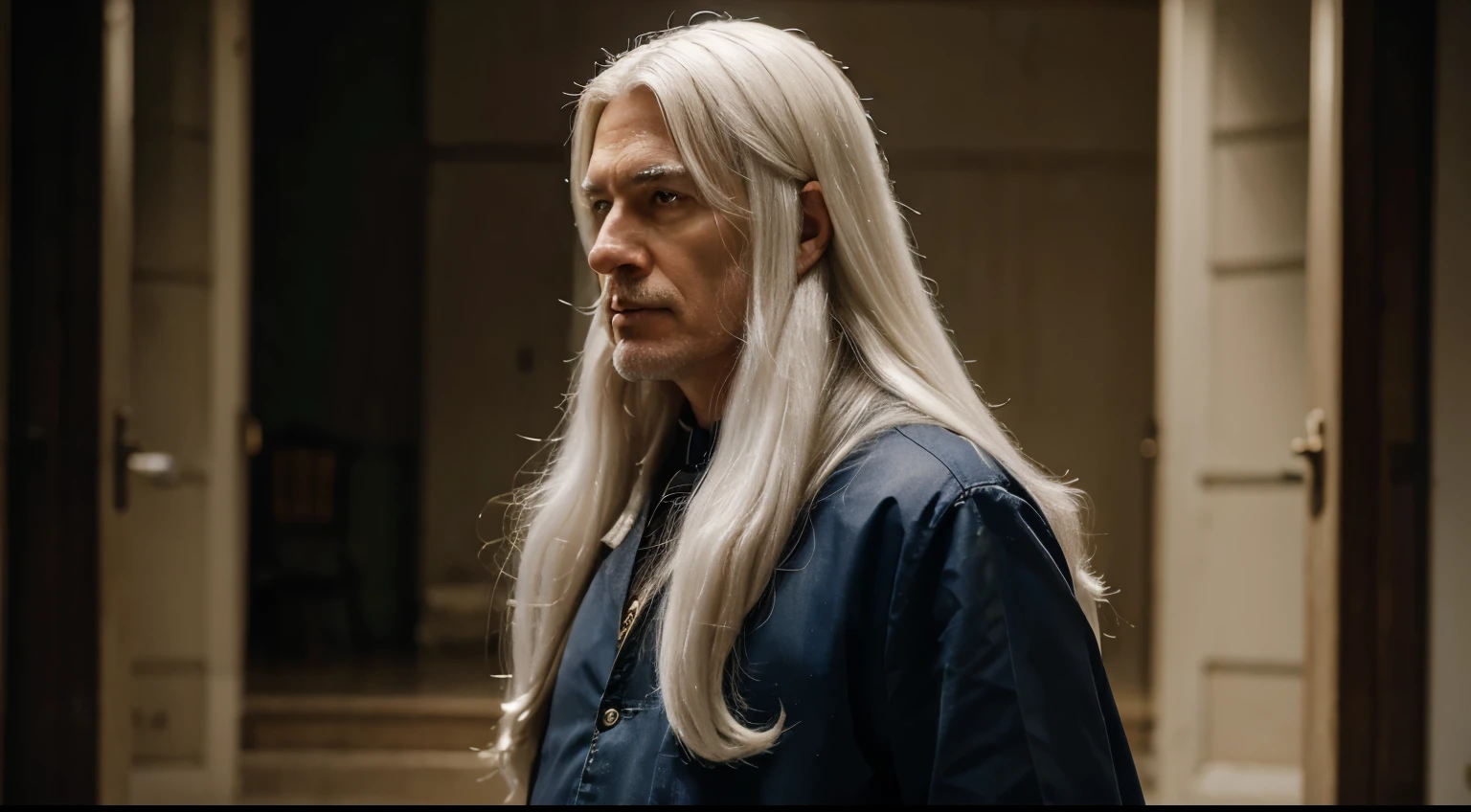 a wise man in his 50s with long white hair, standing looking to the right side, 8K, cinematic, high quality