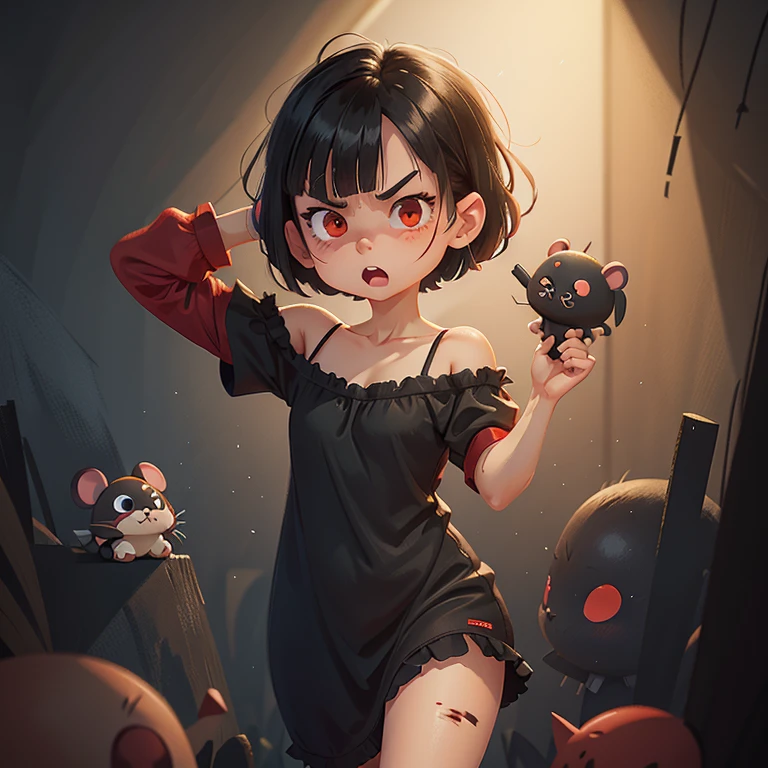 chibi, mouse, cute, vampire, action pose, female, darker background, scary ambience, evil look, angry face,  bigbadejo, full body, masterpiece, 3D Rendering, Best Quality, Lots of Detail, (plain background), vinyl toy figurine, (perfect hands), (5 fingers on each hand),short bob cut,beautiful Eye,(hoodedeyes, wearing red&black off shoulder casual dress,black camisole,hair off forehead bangs,short eyebrows,short hair,beautiful detailed black hair,(solo:1.2)