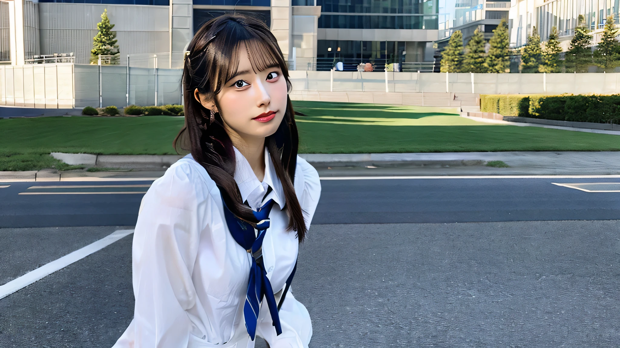 18 year old schoolgirl in white shirt and light blue miniskirt（twin tails）