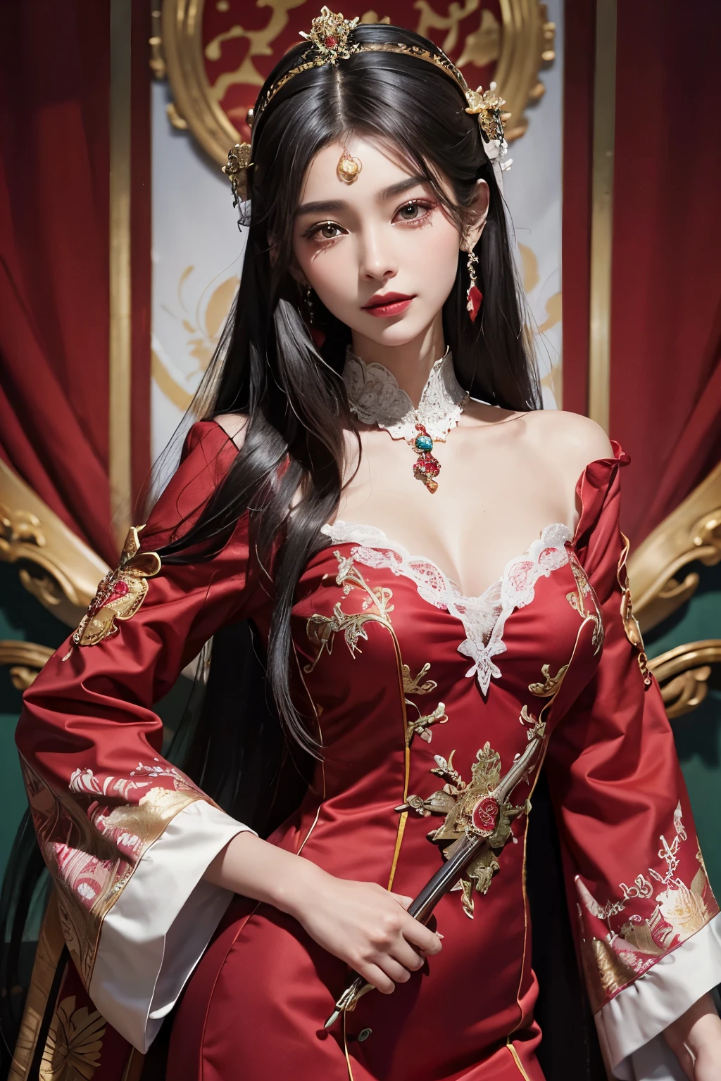 Super detailed portrait of a stunning adult empress adorned in a vibrant red lace top and a deep-breasted nightgown, exquisitely embroidered with traditional Chinese-style clothes. The ancient costume boasts numerous phoenix patterns, accentuating the regal aura of the empress. Her flawless pink and white face shines brilliantly, crowned with a regal headpiece atop her hip-length black hair. The empress possesses captivating and sharp brown eyes, which radiate an air of power and beauty. Complementing her small red lips, painted with precision, is an array of exquisite jewelry adorning her neck and ears. Her smile reveals a set of white and even teeth, while her high nose adds an elegant touch to her captivating countenance. The em