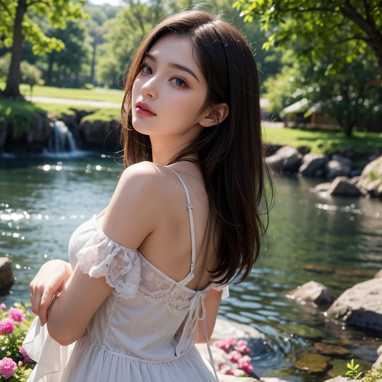 (scenic outdoor lake setting), (sunlit pier), young adult woman, casual summer fashion, ((dipping legs into the lake)), relaxed pose, breezy hairstyle, subtle makeup, (lightweight fabric, flowing dress), nature-inspired colors, serene expression, (background: lush greenery, distant mountains), warm afternoon light, (sense of tranquility and connection with nature) (cinematic still of attractive young woman:1.3)