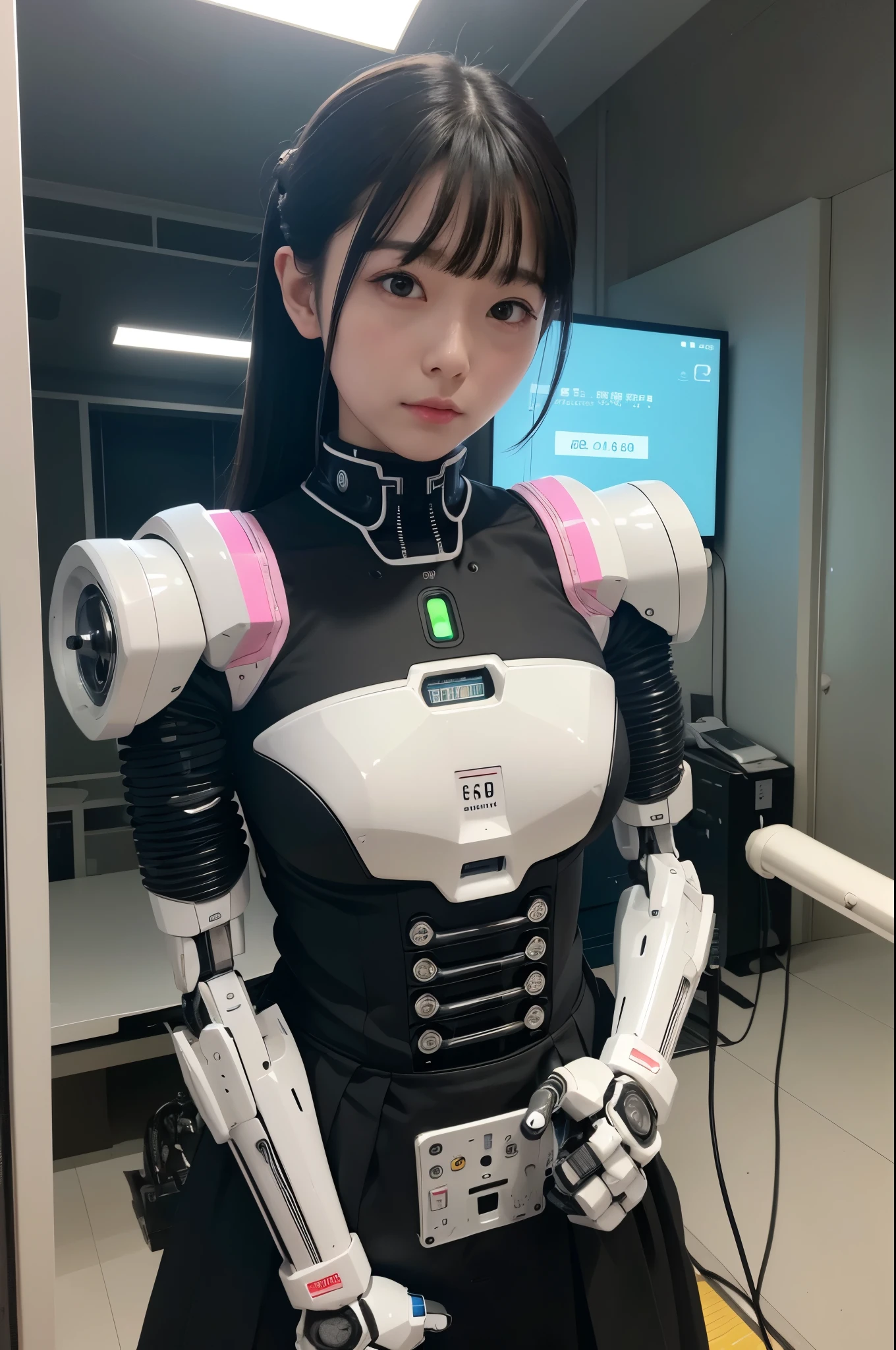 masutepiece, Best Quality, Extremely detailed, (8K, 4K, Best Quality, hight resolution, 超A high resolution:1.1), 8K Portrait,1girl in, japanese android girl,android teacher,Plump , control panels,android,Droid,Mechanical Hand, ,Robot arms and legs, Black hair,Mechanical body,Blunt bangs,White Robotics Parts,perfect robot woman,Charging spot,Long Tube,A thick cable was connected to his neck.,ceramic body ,android,robot humanoid,Slightly Chubby,pantiy,complete eyes,Perfect machine body,White robot body,plants of the future,White and black uniform,pink accent costume,she repaired,clothes with a sense of mechanical technology,Robot Factory,black sponge joint,loose boots,