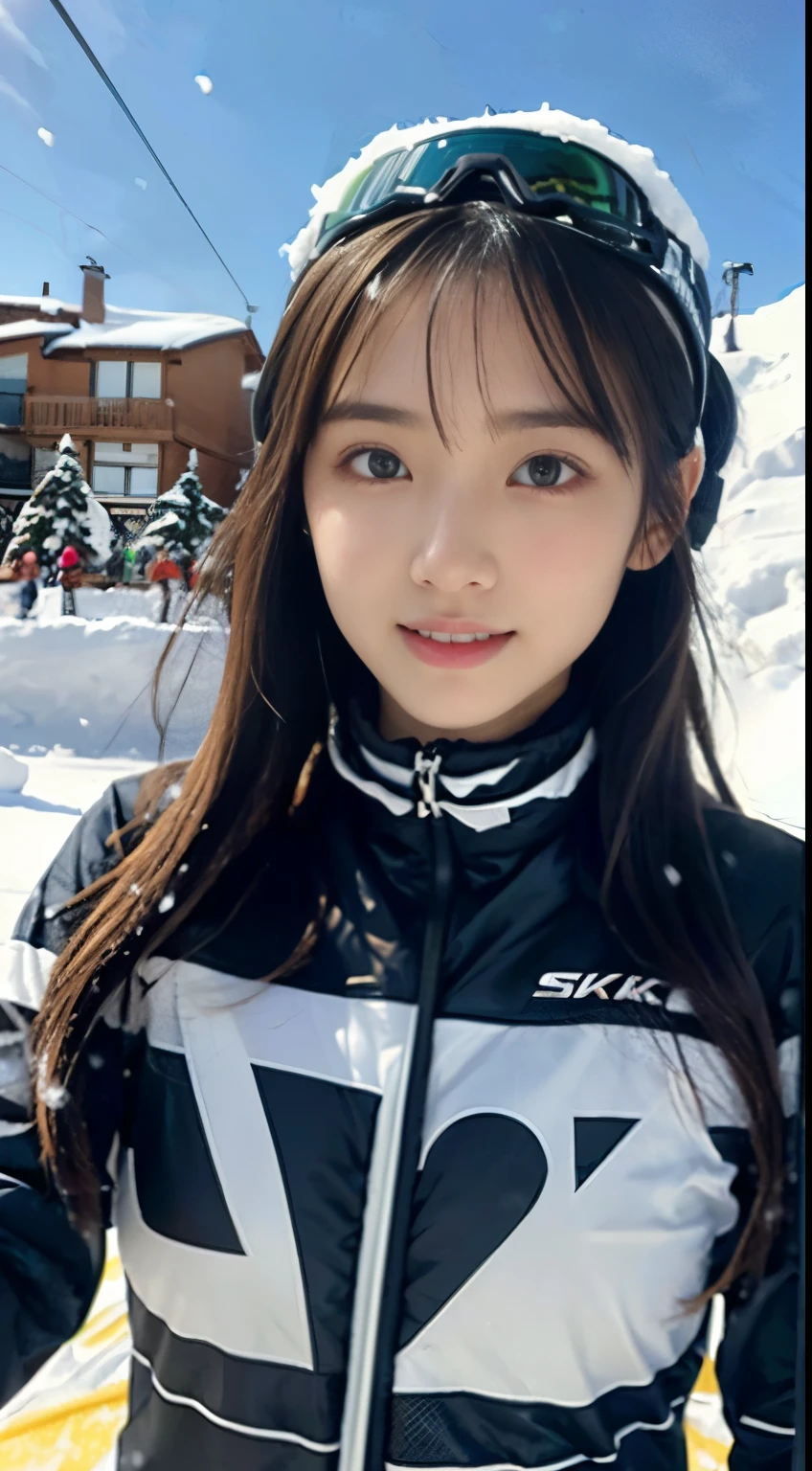 (Close up portrait of one girl with slender small breasts and long hair in ski clothes:1.2)、(snow ski garden:1.5)、(beautiful blue sky 1.5)、(perfect anatomy:1.3)、(full finger:1.3)、Photoreal、Raw photo、table top、highest quality、High resolution、delicate and beautiful、perfect face、beautiful and fine eyes、Fair skin、real human skin、pores、((thin legs))、(black hair)