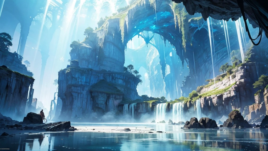 "(by Greg Rutkowski: 1.2), (masterpiece), (best quality), extremely delicate and beautiful, illustration, (fantasy landscape), A mesmerizing fantasy landscape with enchanting elements blending seamlessly. (Majestic crystal cave mine), huge crystal, adorned with vibrant blue hue glow reflecting off the surroundings. A sense of tranquility and wonder fills the air, inviting exploration and discovery, depth of field, HDR, intricate, delicate"