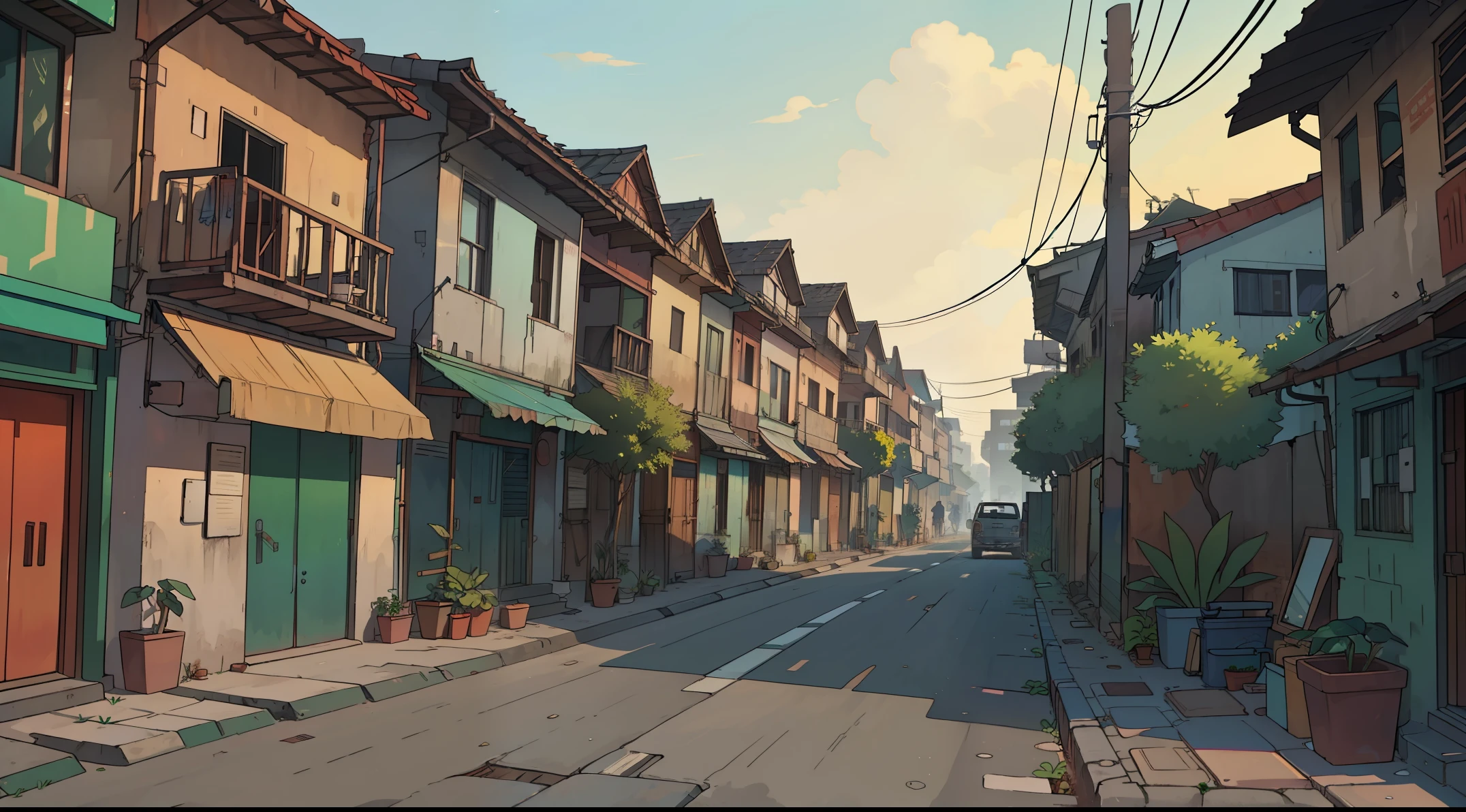There are slum roads., Carros , some plants