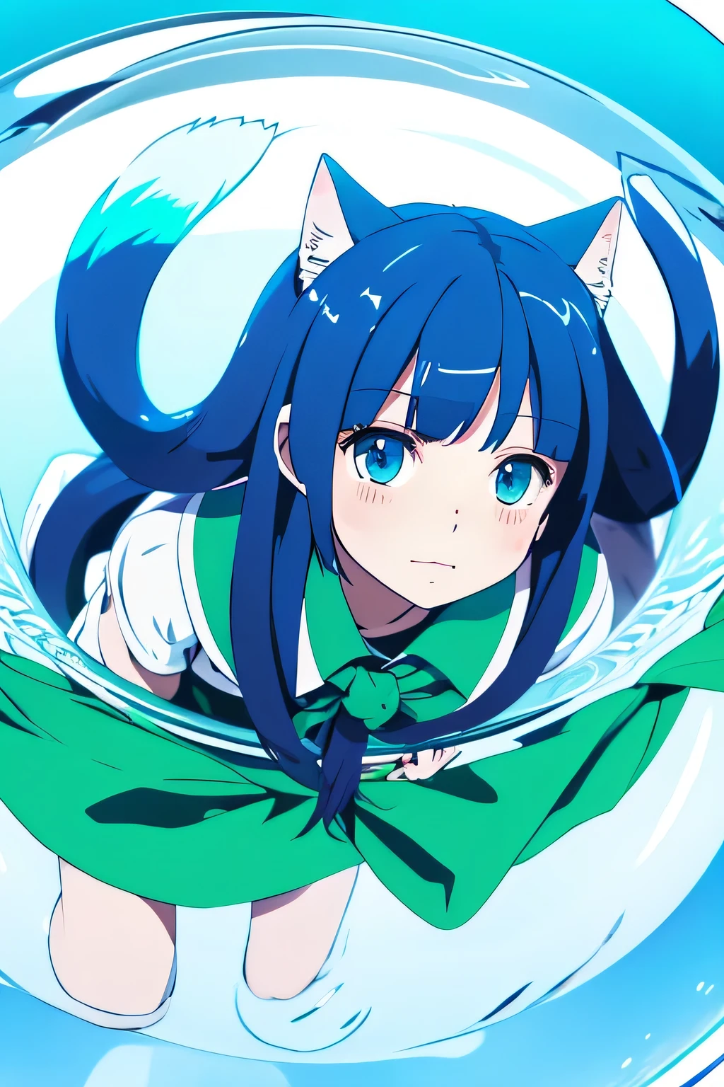 Nekomimi,Blue cat,long tail,floating in a transparent sphere,background white,Human-like,Big eyes,Plump,anime style,2D,Green neckerchief,beautiful,very long tail