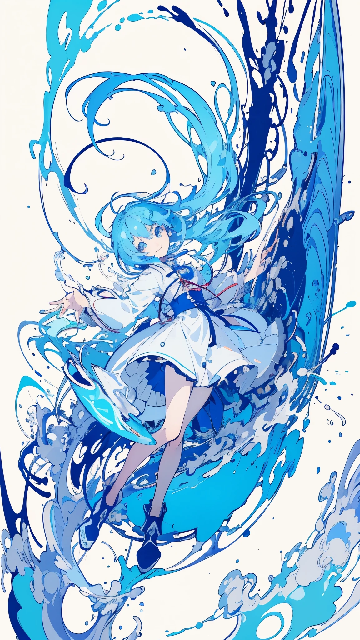 (masterpiece, highest quality, official art:1.2), (flat color:1.5),(colorful),light blue hair、light blue eyes、looking at the viewer,((1 girl)),alone, ((Super Smile)),white background, floating colorful water,(2D:1.5) 