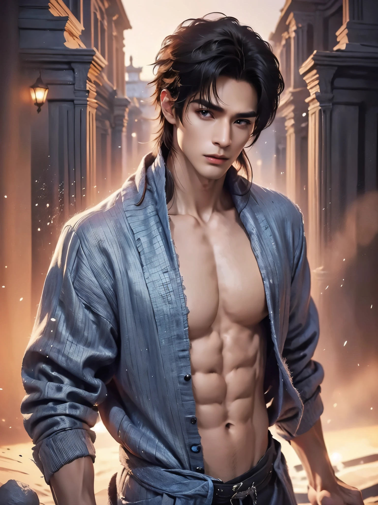 in style of Delphin Enjolras, character concept design, half body, (male character design),(Melancholic handsome Chinese man Pan An is looking at the camera t close-up:1.37),(Pan An wears modern and fashionable men's blue sweater suit pants:1.37),Pan An’s skin is fair and flawless,The bridge of his nose is high and straight,(long,Messy shawl hair:1.1),(double eyelids, Bright Eyes, Big clear and bright eyes),sad prince,Food with red lips and white teeth,gentle melancholy,Pan An is tall and tall.,He has a strong physique,Toned muscles,Fresh and toned abs, His exquisite facial features,王者wind范, Messy white long hair,wind(Main color blue:0.8)
