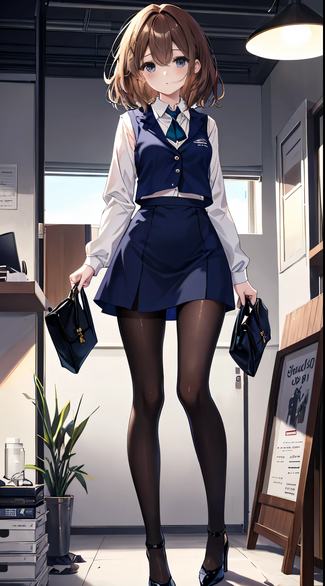 finest, masterpiece, High resolution, (whole body), front, frontやや下からの構図, symmetry, 18 year old girl, alone, (whole body from head to toe), small breasts, brown hair, slightly messy hair, bangs, (black tights), ( (black pantyhose), black pantyhose, composition show me your white panties, slender beautiful foot, とても美しい18 year old girl (navy high heels) foot), blush, shy big eyes, messy hair, looking at camera, show me your white panties, Hide your arms behind your back, dark blue office lady uniform, Dark blue pencil skirt, navy blue vest, beige cardigan