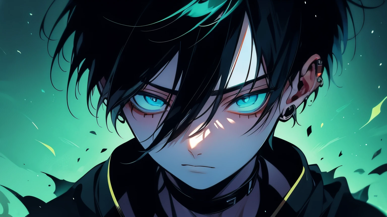 ((1male)), view of a A Kung fu Guy in long black clothes, the lighting is very dark and his eyes are glowing through the dark, teenager, Kung Fu Clothes, (short hair), (Light aqua colour hair), (Gold coloured eyes), lean body shape, calm expression, upperbody shot view, epic fantasy, anime niji style, drawing, concept art, artstation, professional drawing