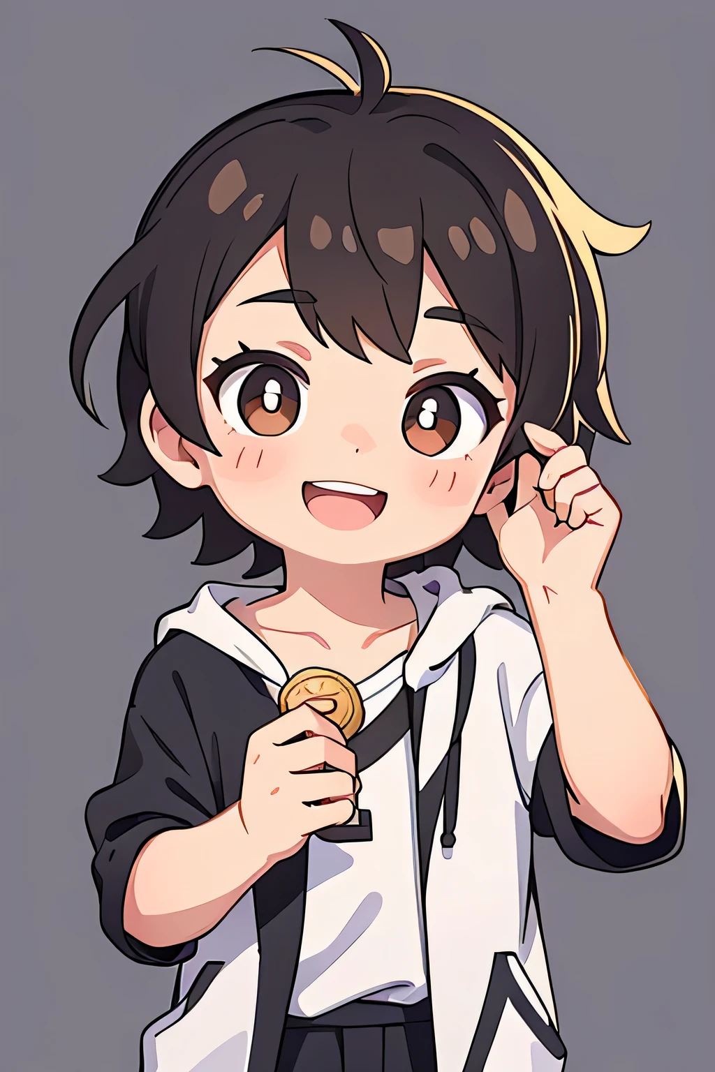 A boy holding a coin，The expression on his face is very happy