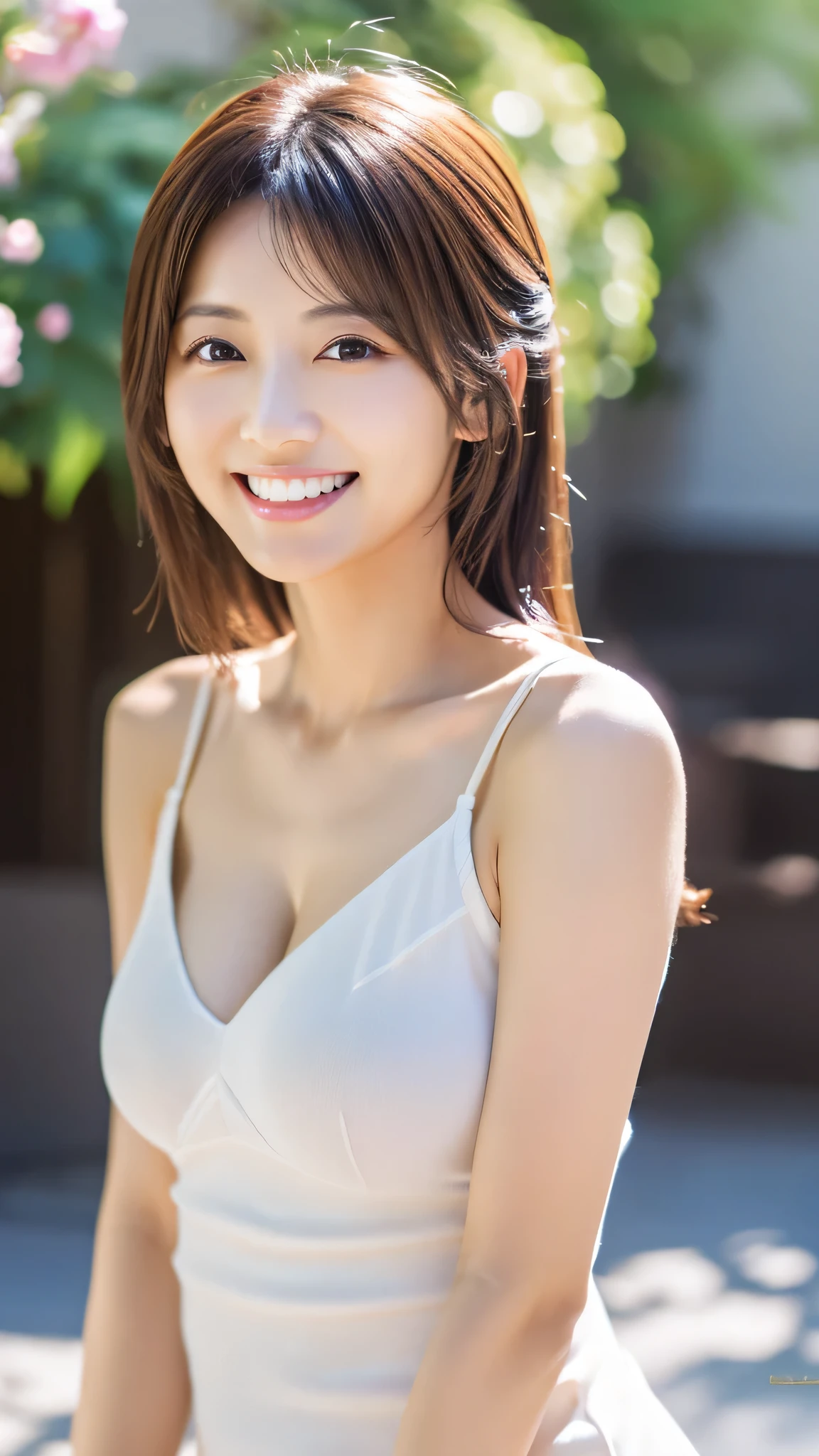 High resolution、Cute 20 year old Japan girl、White bra、White shorts、From the knee up､Stand up straight，Telephoto lens camera、Looking at the camera、Large Breasts:1.3、White tooth smile、Thick and glossy lips、Kind eyes，No background