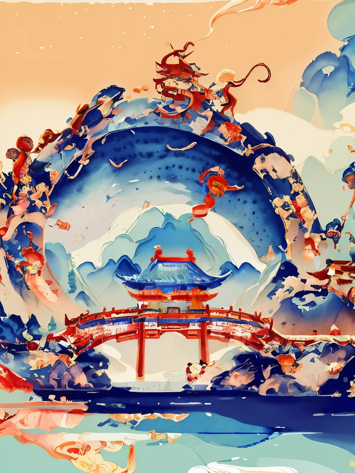 A watercolor painting of a Chinese city with a bridge, Chinese watercolor style, Watercolor illustration style, Chinese painting style, Japanese watercolor painting, g liulian art style, Highly detailed watercolor 8k, Highly detailed watercolor 8k, A beautiful artistic illustration, Chinese style, watercolour painting style, Chinese fantasy, Japanese style, by Qu Leilei