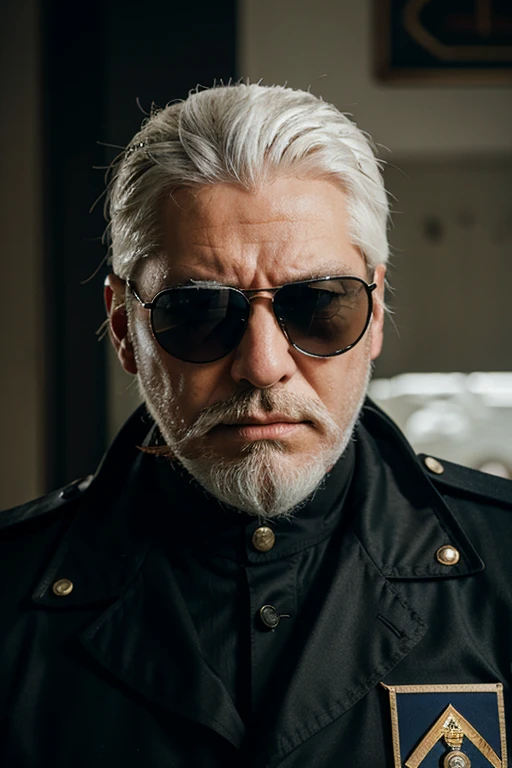 White beard, white hair, aviator glasses, cigar, police uniform with black uniform, angry face